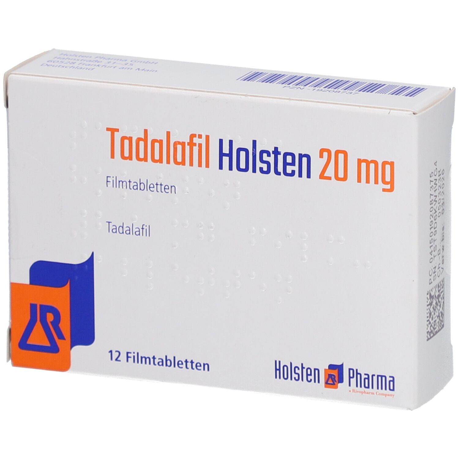 Schachtel "Tadalafil Holsten 20 mg Filmtabletten". 12 Tabletten. Logo Holsten Pharma.