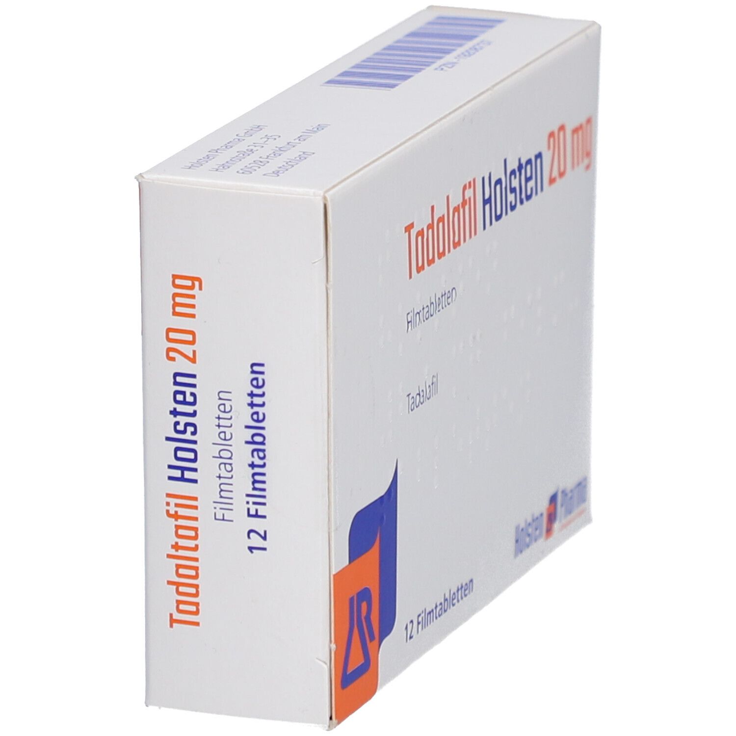 Schachtel "Tadalafil Holsten 20 mg Filmtabletten" in Schrägansicht. 12 Tabletten. Logo Holsten Pharma.