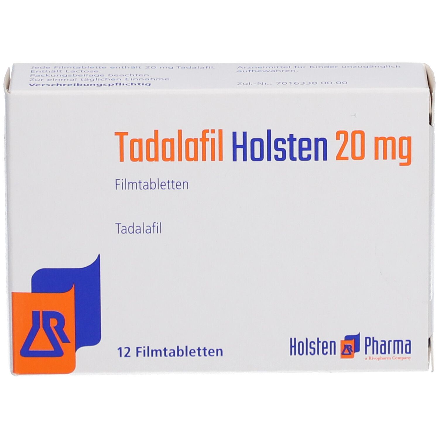 Schachtel "Tadalafil Holsten 20 mg Filmtabletten". 12 Tabletten. Logo Holsten Pharma.