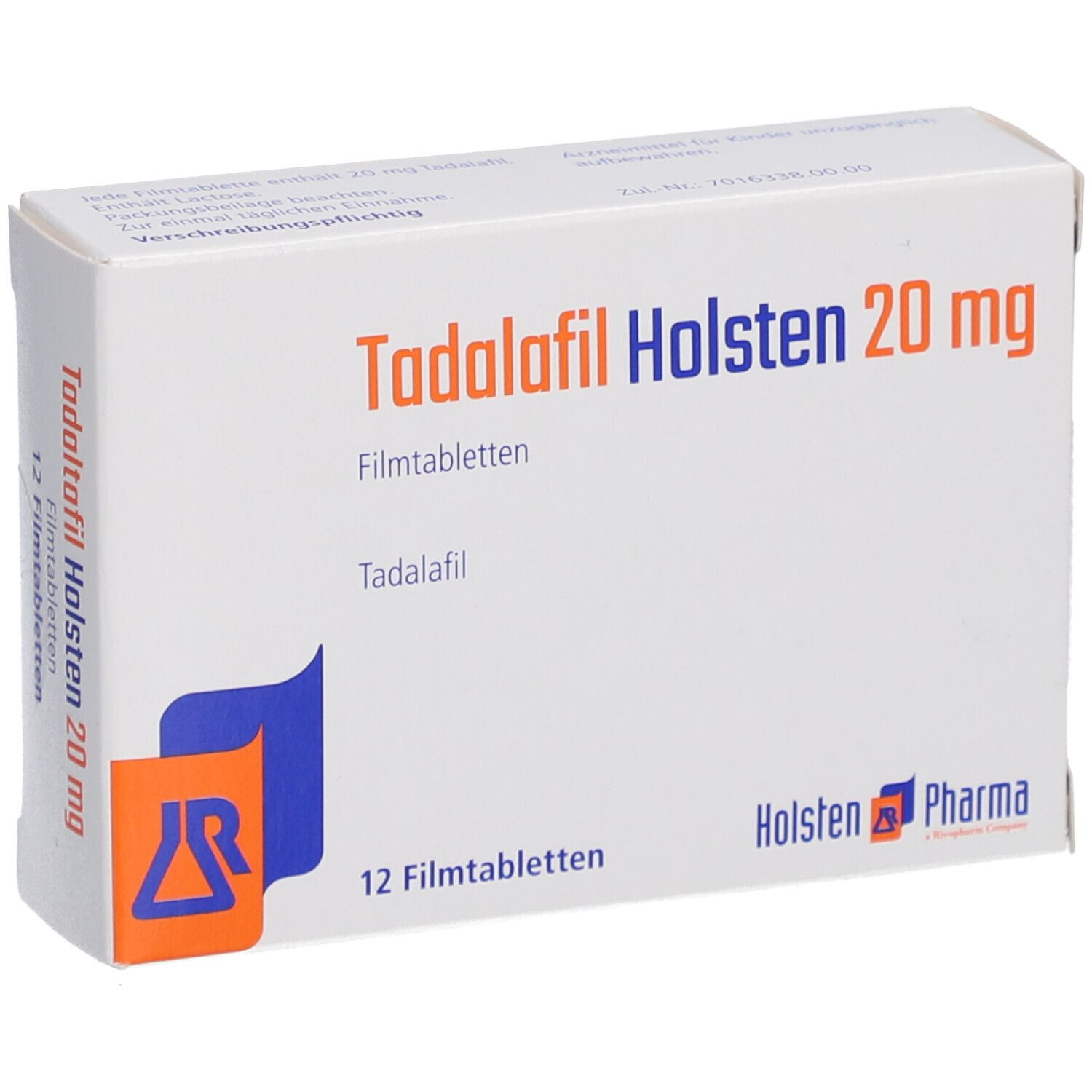 Schachtel "Tadalafil Holsten 20 mg Filmtabletten". 12 Tabletten. Logo Holsten Pharma.