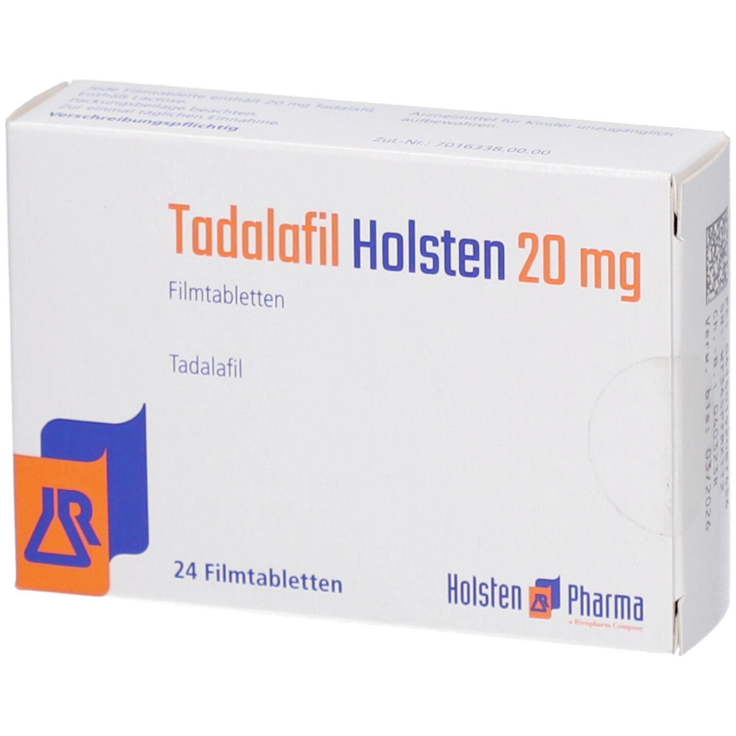 Schachtel mit TADALAFIL Holsten 20 mg Filmtabletten. Aufschrift: 24 Filmtabletten. Logo und Schriftzug Holsten Pharma.