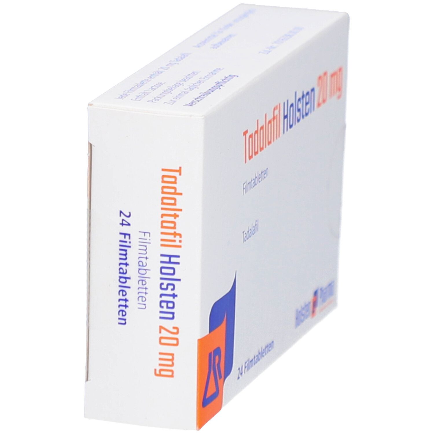 Schachtel mit TADALAFIL Holsten 20 mg Filmtabletten. Seitenansicht. Aufschrift: 24 Filmtabletten. Logo und Schriftzug Holsten Pharma.