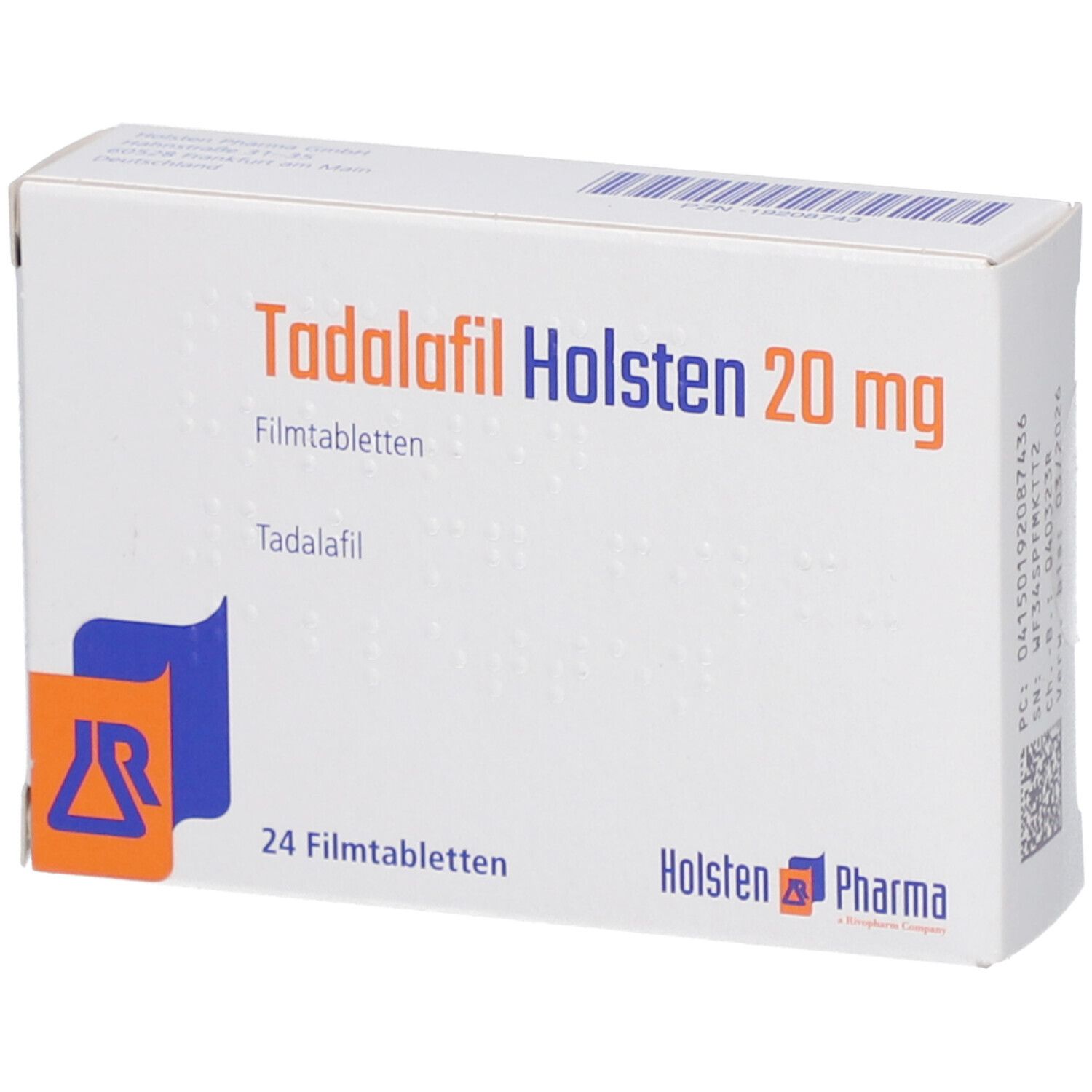 Schachtel mit TADALAFIL Holsten 20 mg Filmtabletten. Aufschrift: 24 Filmtabletten. Logo und Schriftzug Holsten Pharma. Detailansicht.