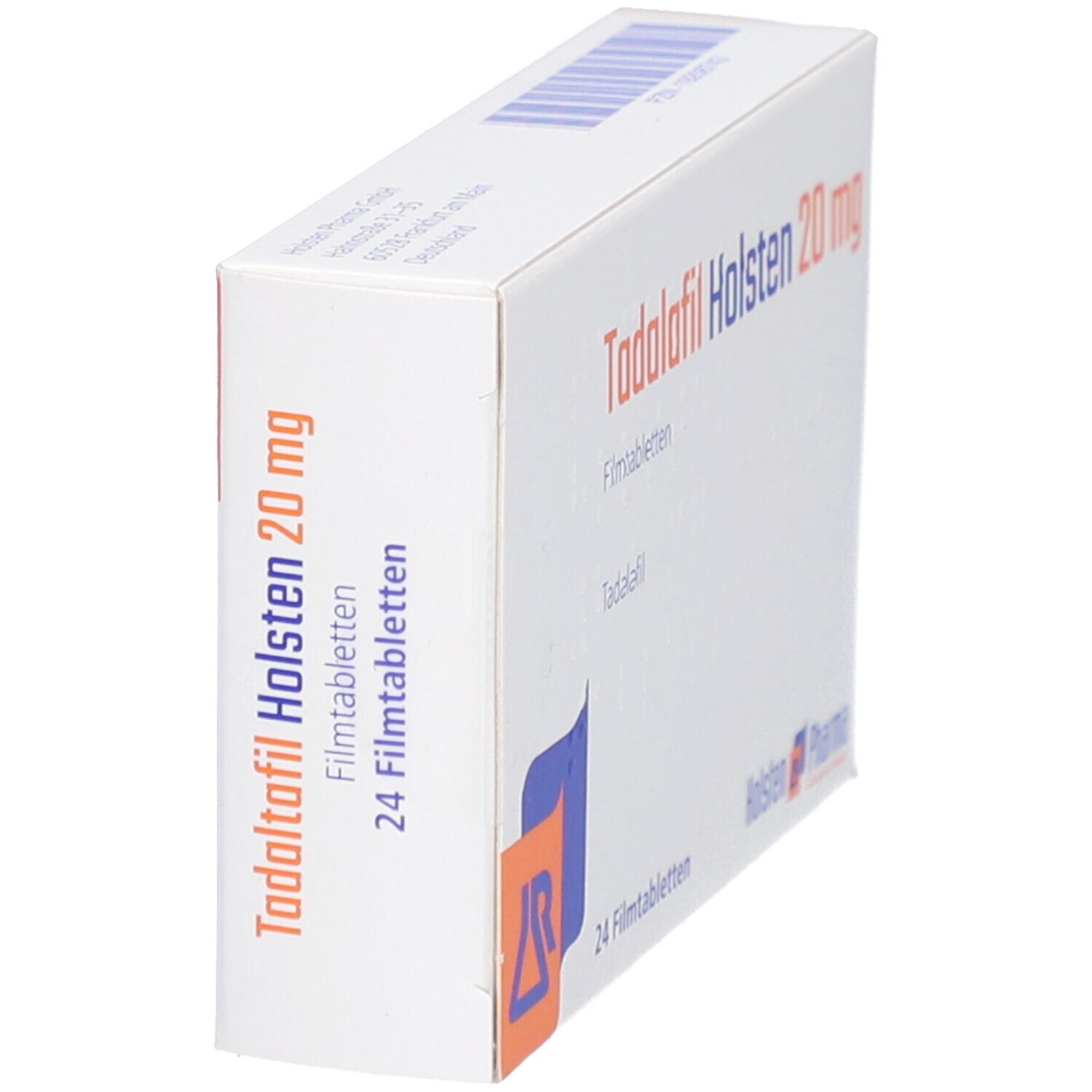 Schachtel mit TADALAFIL Holsten 20 mg Filmtabletten. Seitenansicht. Aufschrift: 24 Filmtabletten. Logo und Schriftzug Holsten Pharma.
