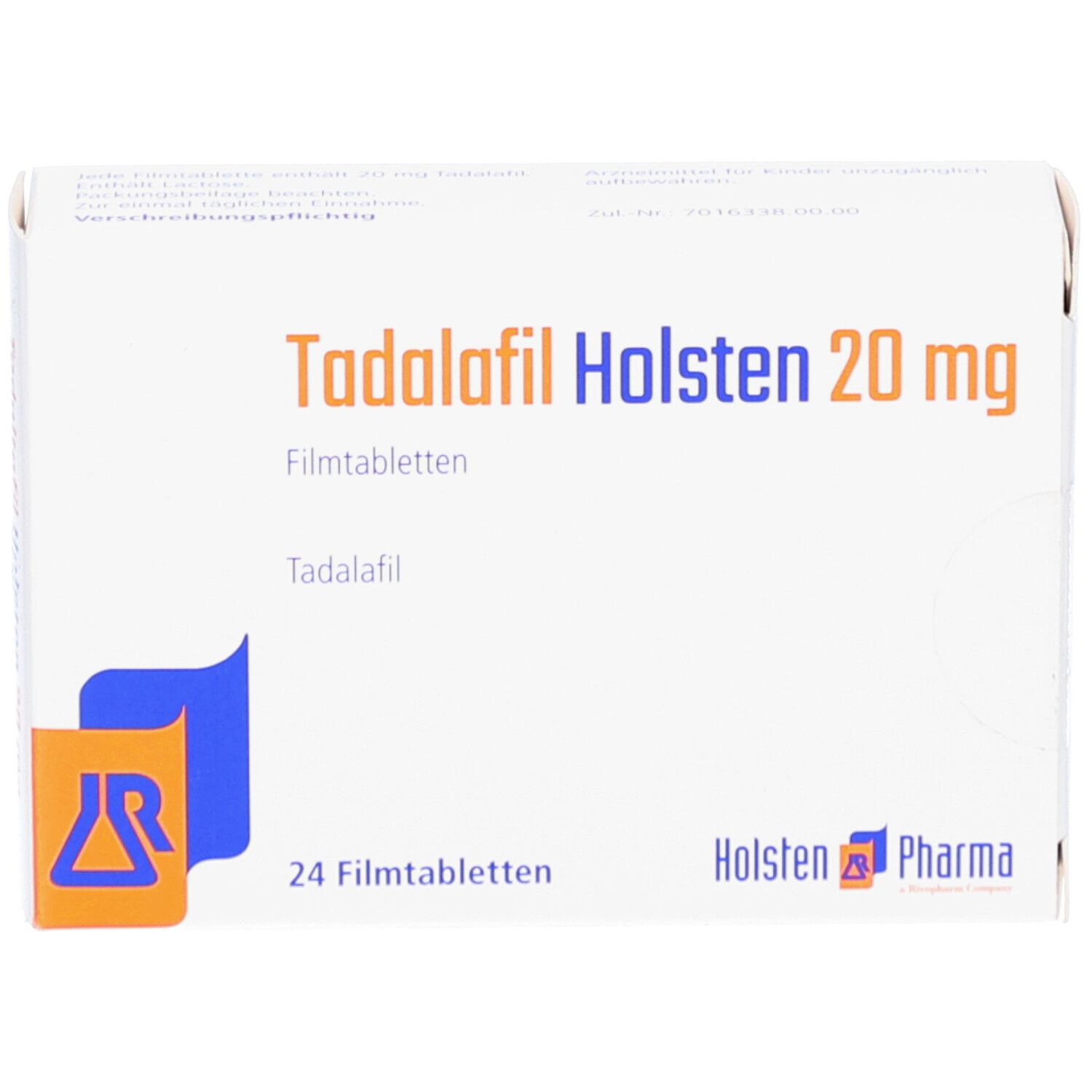 Schachtel mit TADALAFIL Holsten 20 mg Filmtabletten. Aufschrift: 24 Filmtabletten. Logo und Schriftzug Holsten Pharma. Draufsicht.