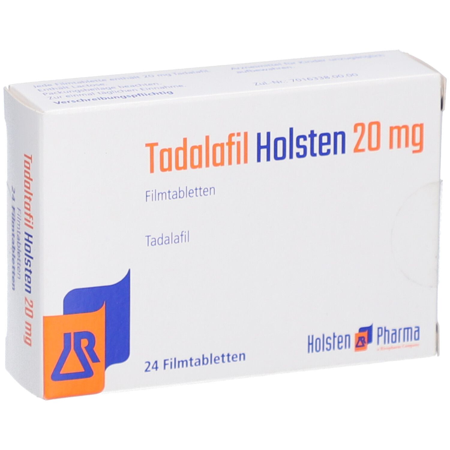 Schachtel mit TADALAFIL Holsten 20 mg Filmtabletten. Aufschrift: 24 Filmtabletten. Logo und Schriftzug Holsten Pharma.