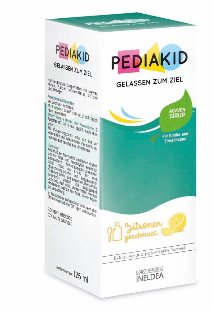 Pediakid Gelassen zum Ziel Sirup, Zitronengeschmack, in Verpackung. Flasche und Karton mit Produktinformationen.