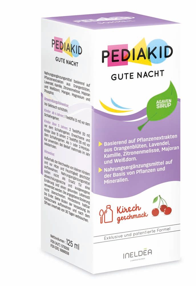 Verpackung von PEDIAKID GUTE NACHT. Enthält Agavensirup und Kirschgeschmack. Nahrungsergänzungsmittel.