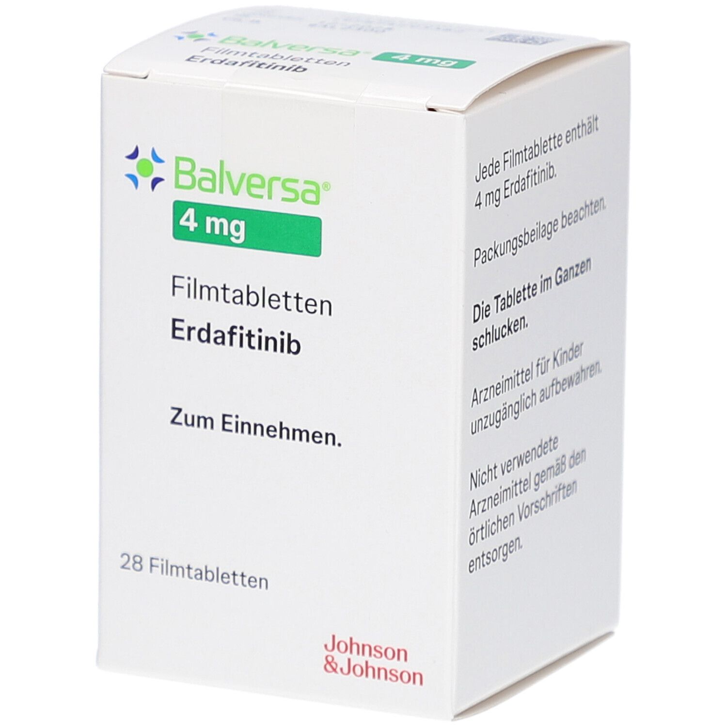 Schachtel mit BALVERSA 4 mg Filmtabletten. Aufschrift: Erdafitinib, 28 Filmtabletten. Logo und Schriftzug Johnson & Johnson.