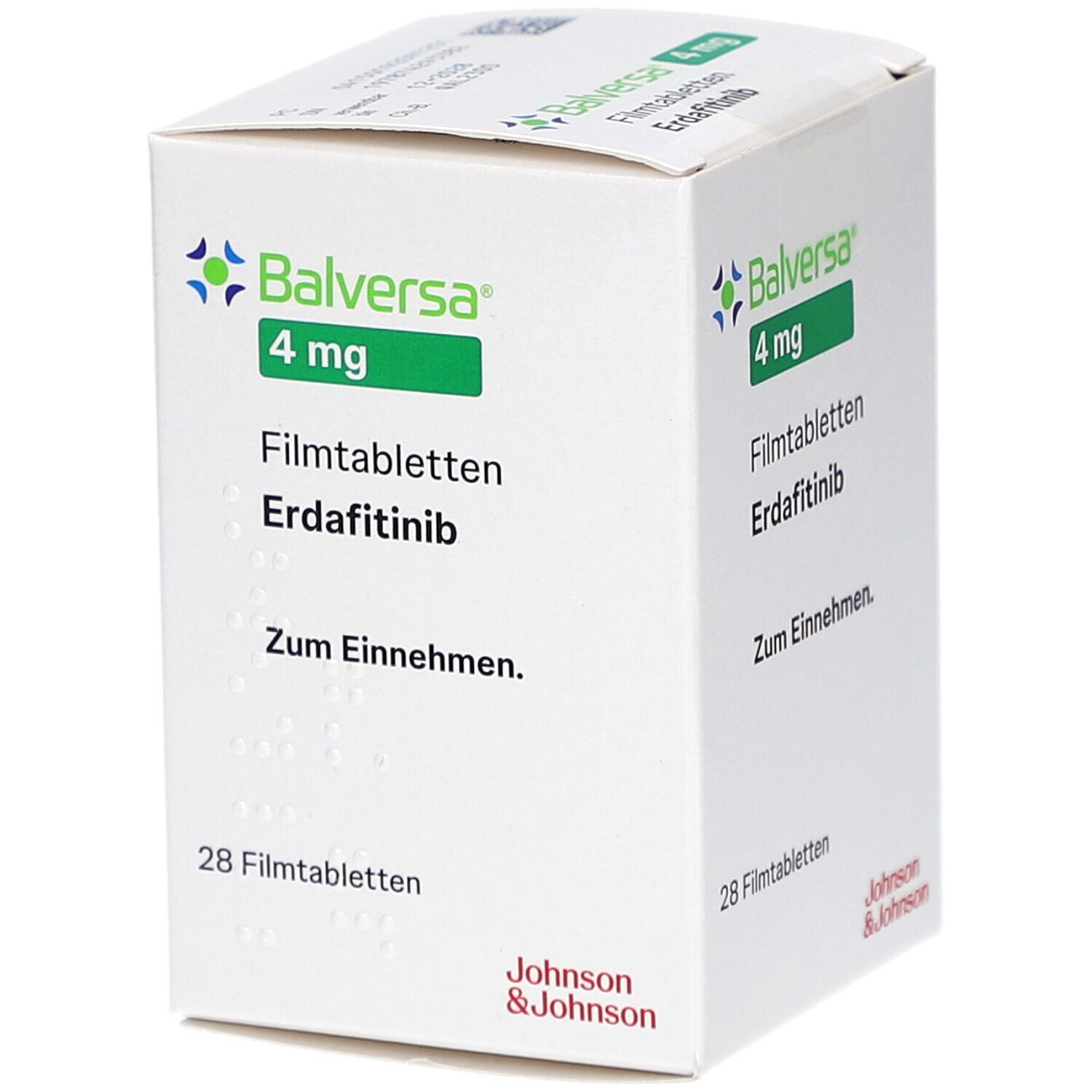 Schachtel mit BALVERSA 4 mg Filmtabletten. Aufschrift: Erdafitinib, 28 Filmtabletten. Logo und Schriftzug Johnson & Johnson.
