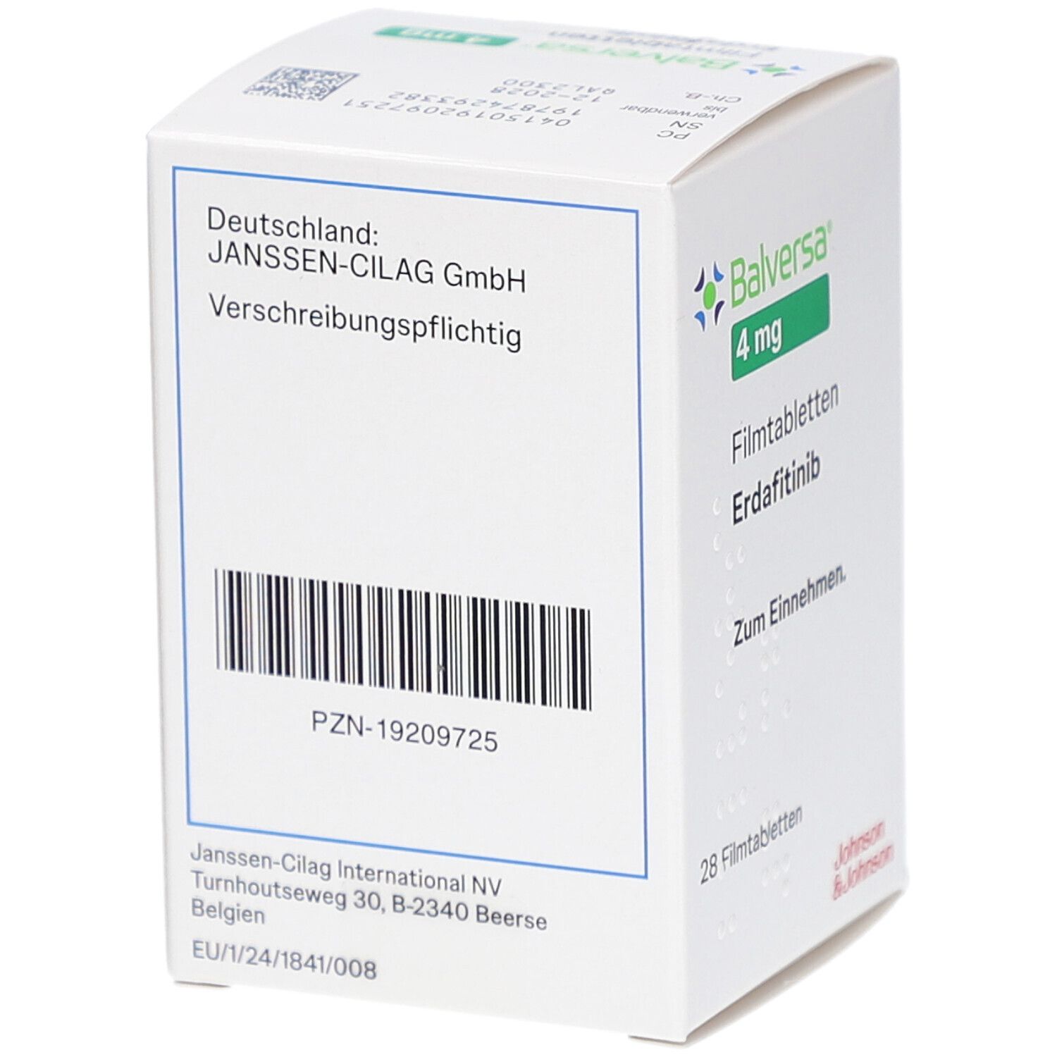 Schachtel BALVERSA 4 mg Filmtabletten. Rückseite mit Informationen: Janssen-Cilag GmbH, Verschreibungspflichtig, Barcode.