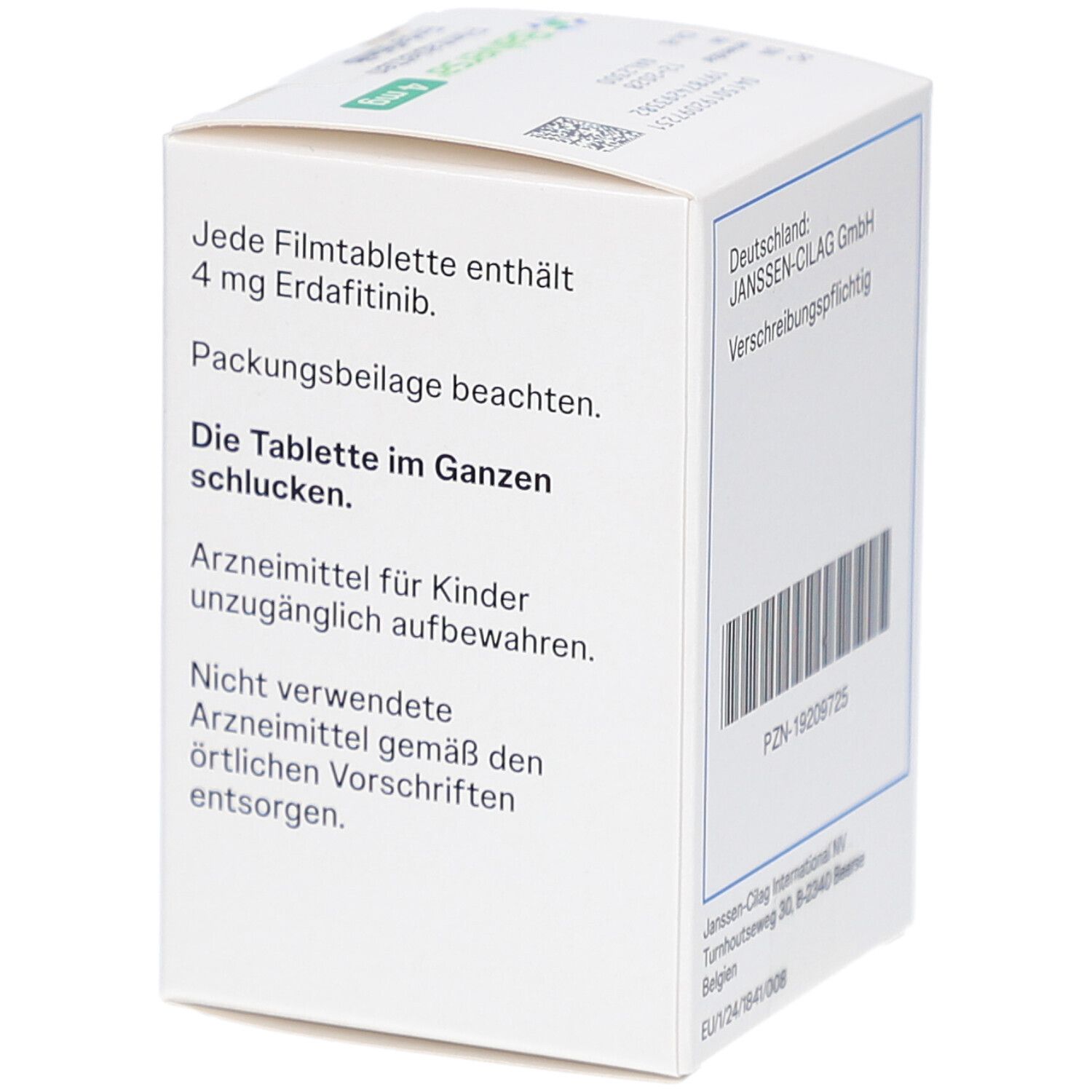 Rückseite der Schachtel mit BALVERSA 4 mg Filmtabletten. Text: Jede Filmtablette enthält 4 mg Erdafitinib. Barcode.