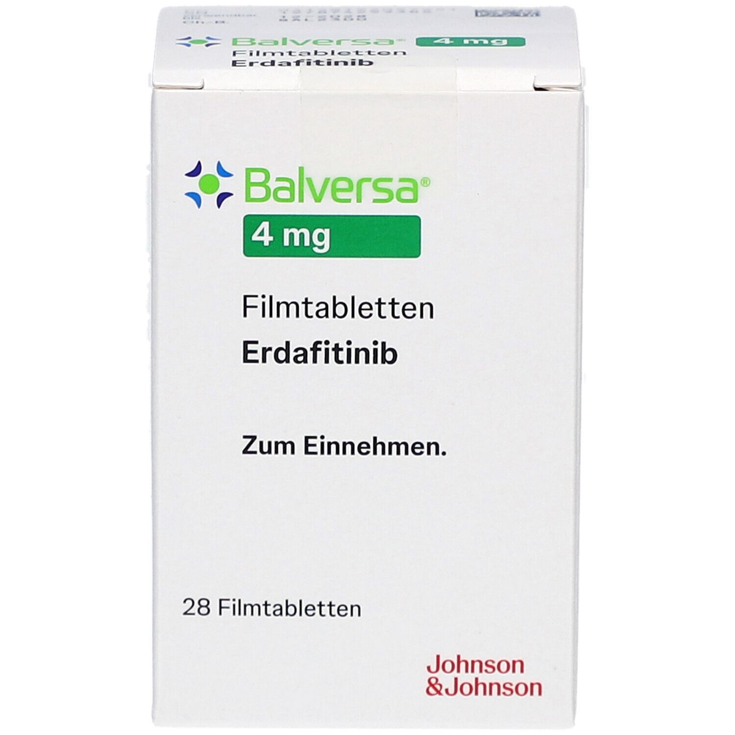 Schachtel mit BALVERSA 4 mg Filmtabletten. Aufschrift: Erdafitinib, 28 Filmtabletten. Logo und Schriftzug Johnson & Johnson.