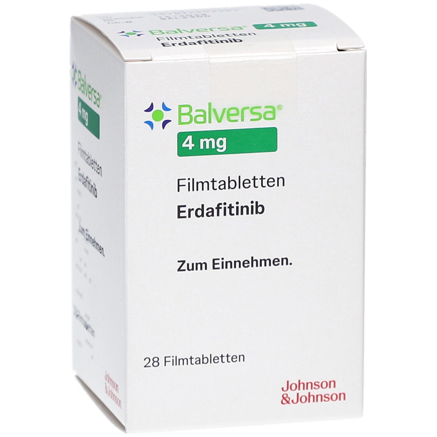 Schachtel mit BALVERSA 4 mg Filmtabletten. Aufschrift: Erdafitinib, 28 Filmtabletten. Logo und Schriftzug Johnson & Johnson.