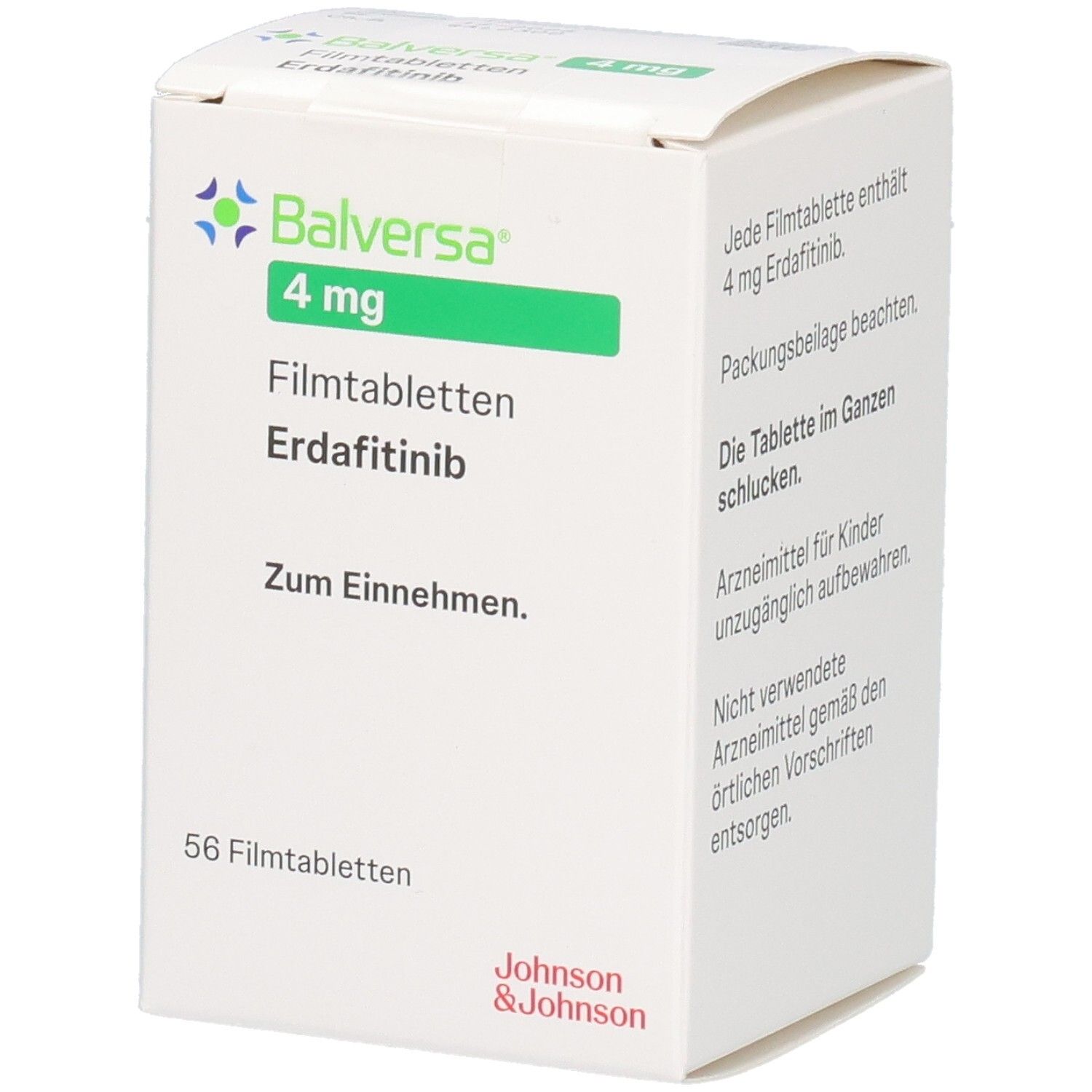 Weiße Faltschachtel mit "Balversa 4 mg Filmtabletten". Enthält 56 Tabletten. Hersteller: Johnson & Johnson.