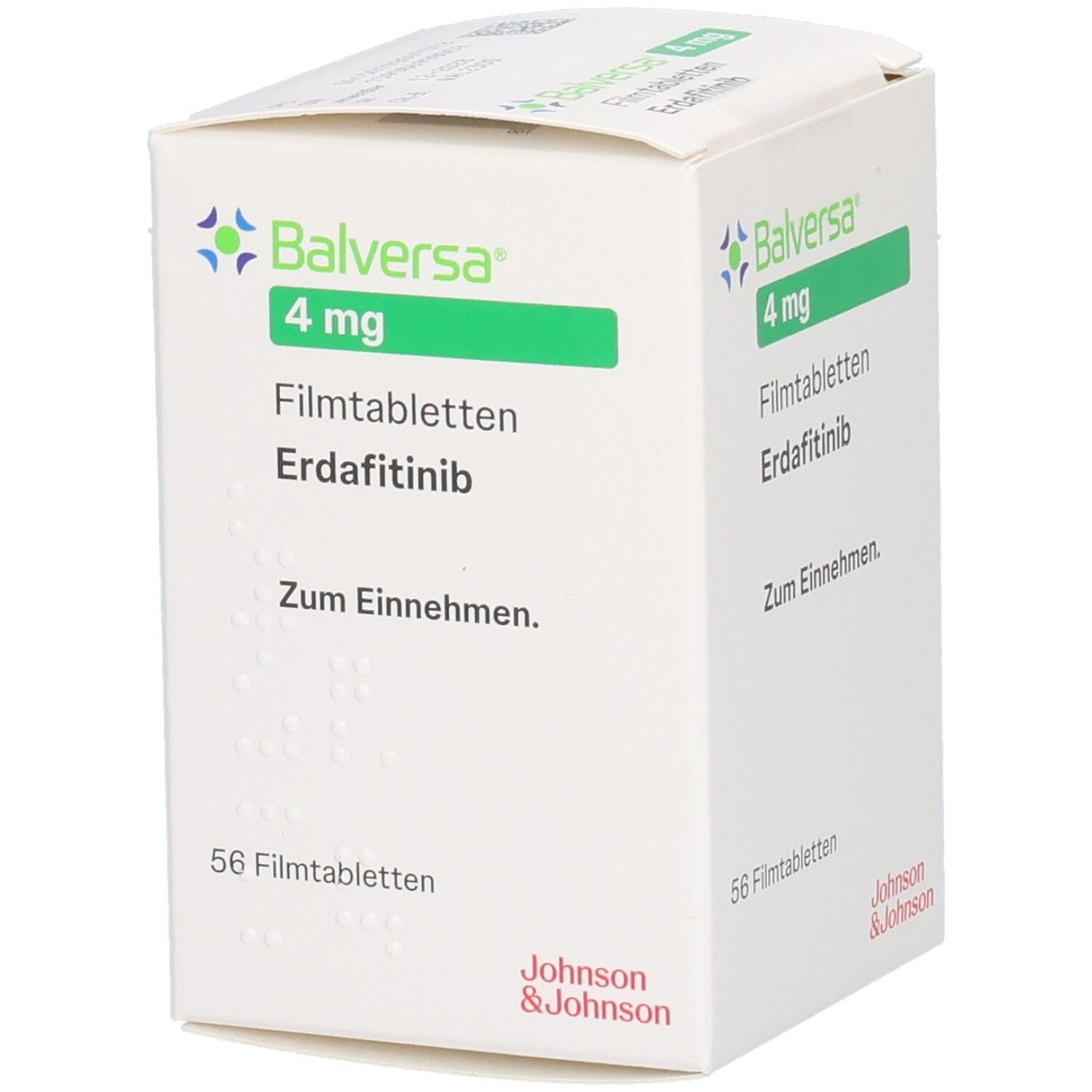 Weiße Faltschachtel mit "Balversa 4 mg Filmtabletten". Enthält 56 Tabletten. Hersteller: Johnson & Johnson.