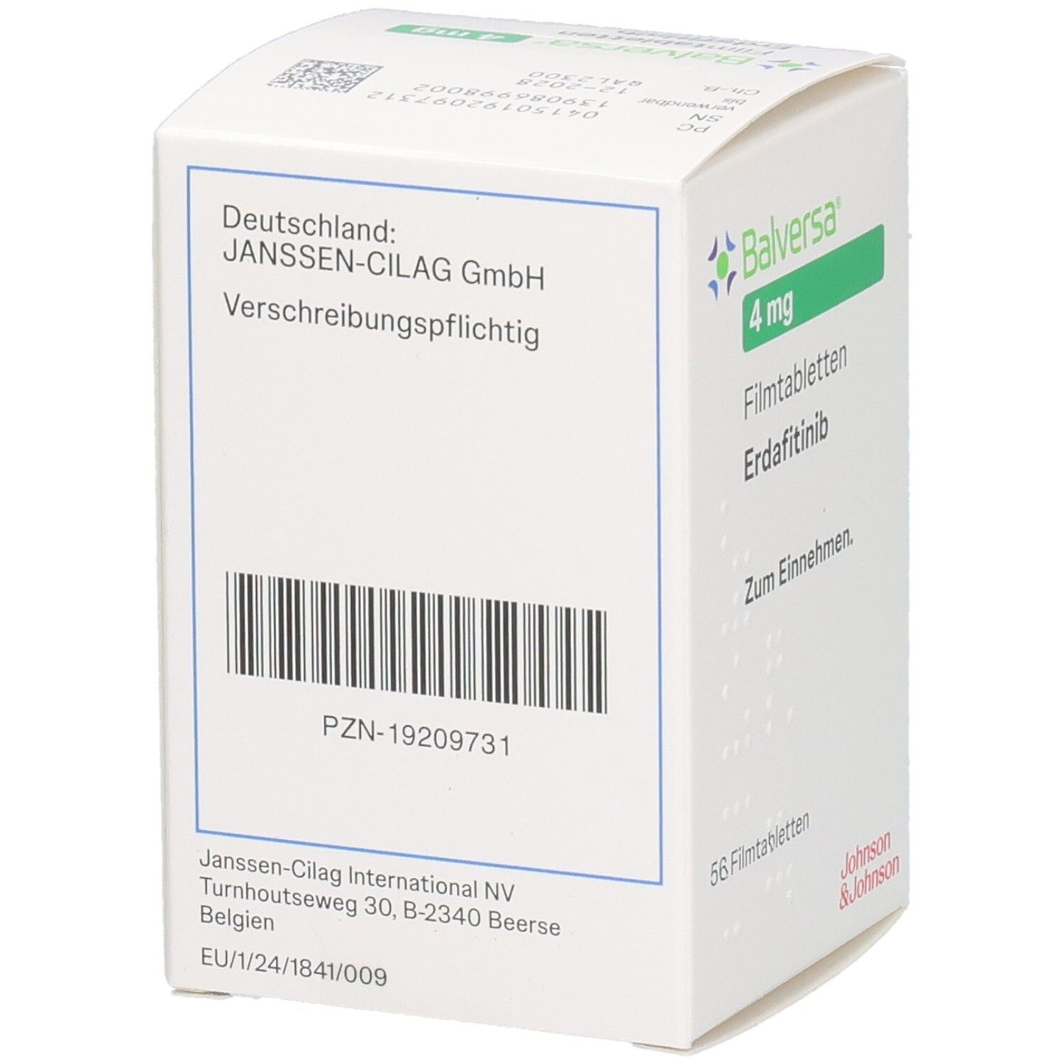 Weiße Faltschachtel mit Barcode und Text. Enthält Informationen zu "Janssen-Cilag GmbH" und "Verschreibungspflichtig".