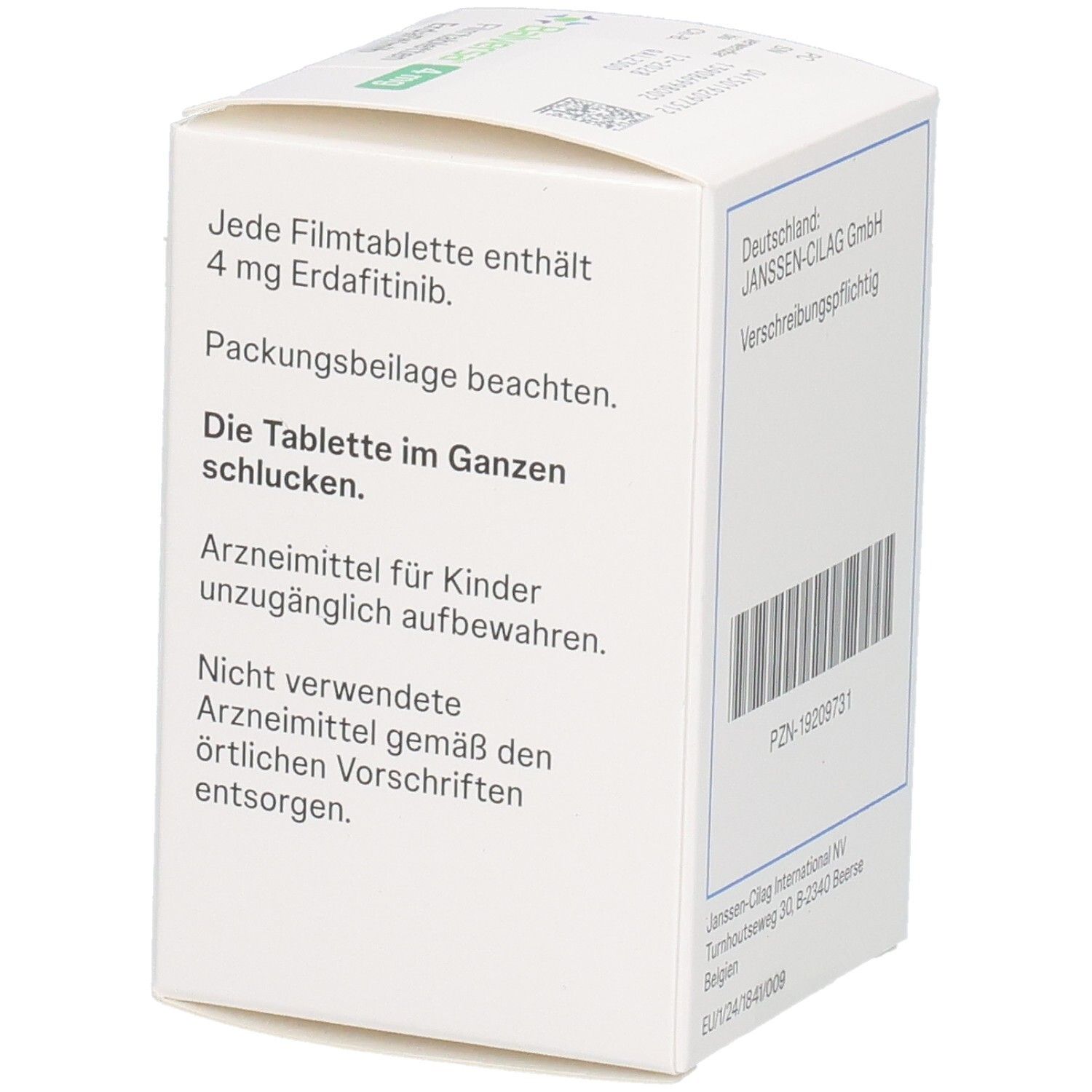 Weiße Faltschachtel mit Text. Enthält Informationen wie "Jede Filmtablette enthält 4 mg Erdafitinib" und "Arzneimittel für Kinder unzugänglich aufbewahren".