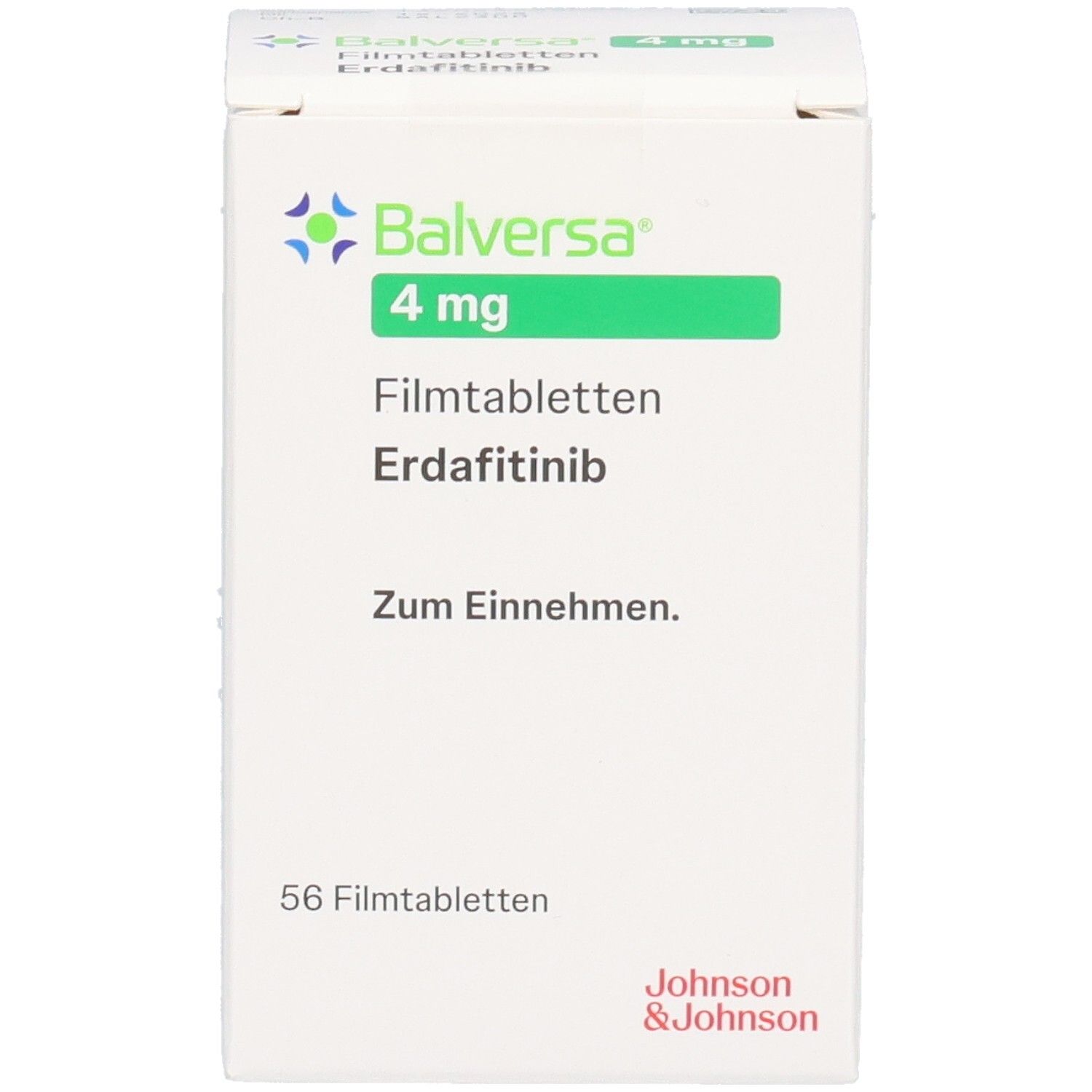 Weiße Faltschachtel mit "Balversa 4 mg Filmtabletten". Enthält 56 Tabletten. Hersteller: Johnson & Johnson.
