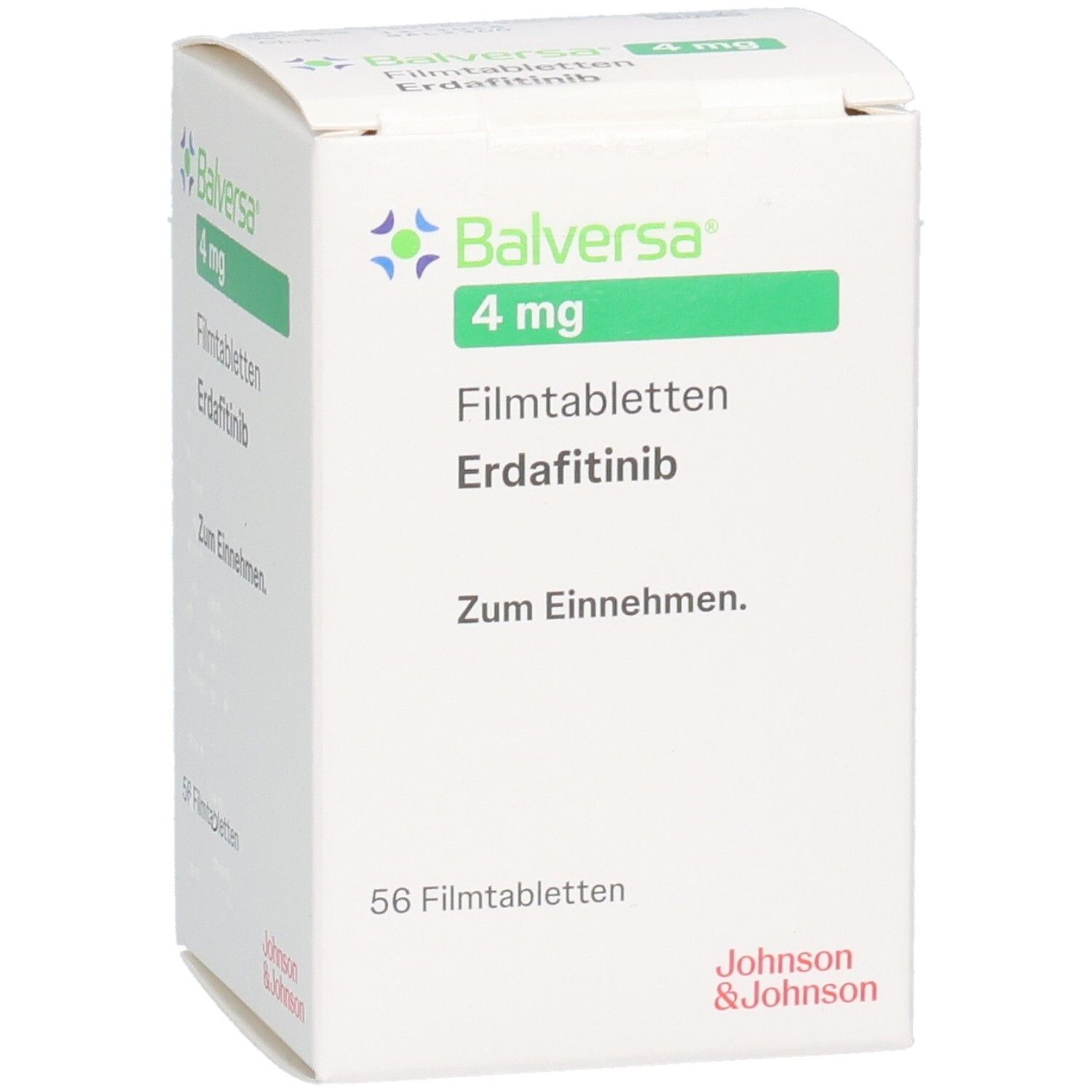 Weiße Faltschachtel mit "Balversa 4 mg Filmtabletten". Enthält 56 Tabletten. Hersteller: Johnson & Johnson.