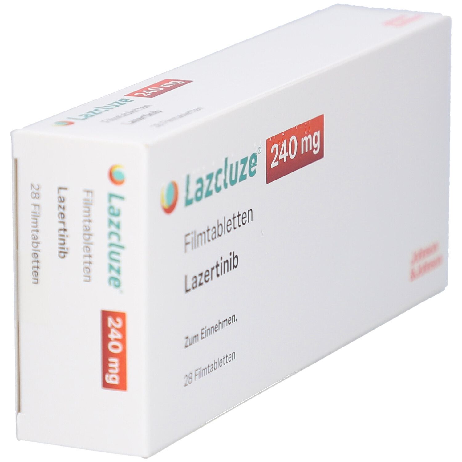 Schachtel Lazcluze 240 mg Filmtabletten, Lazertinib. Aufschrift 28 Filmtabletten. Johnson & Johnson Logo.