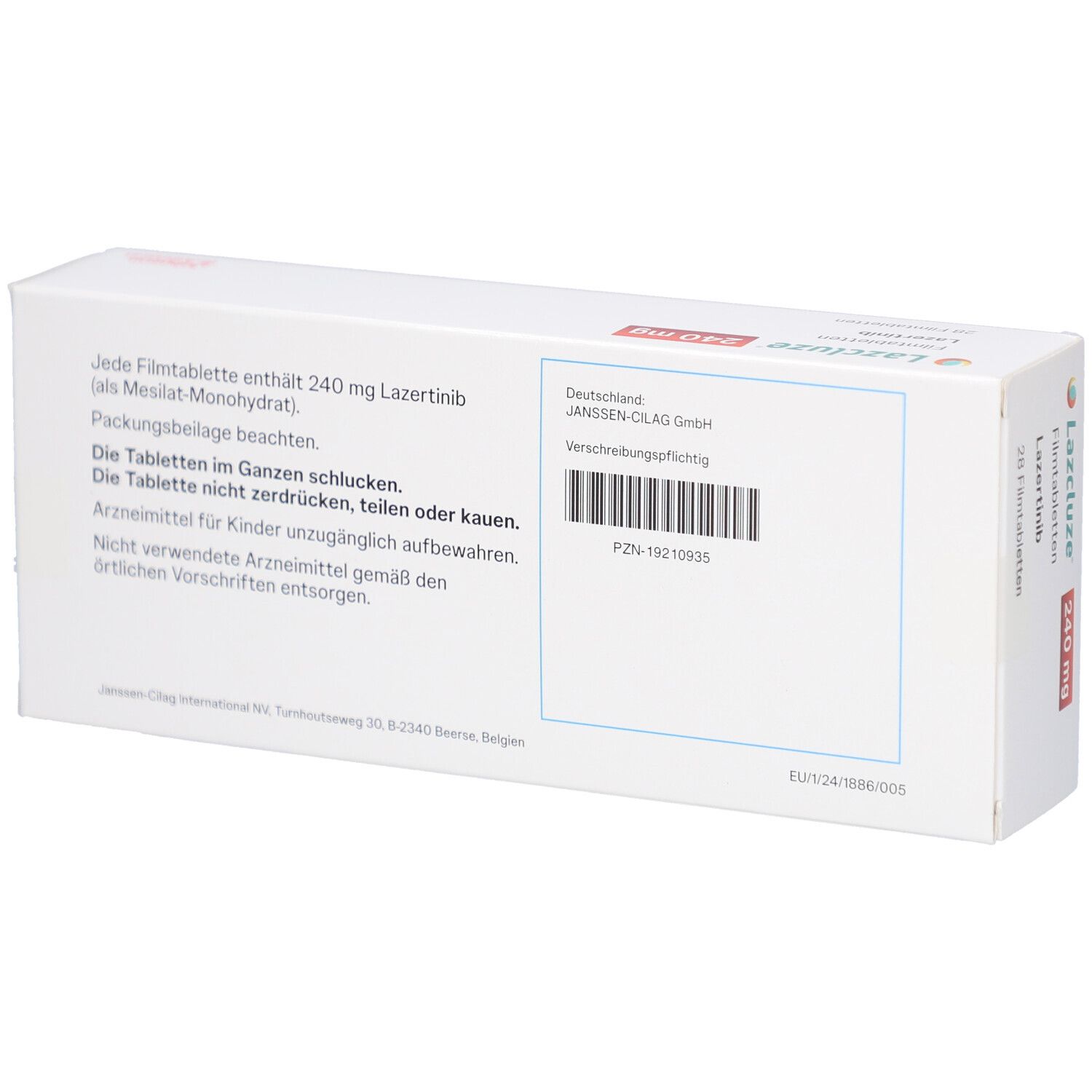 Rückseite der Schachtel mit Informationen zu Lazcluze 240 mg Filmtabletten. Text in Deutsch. Barcode.