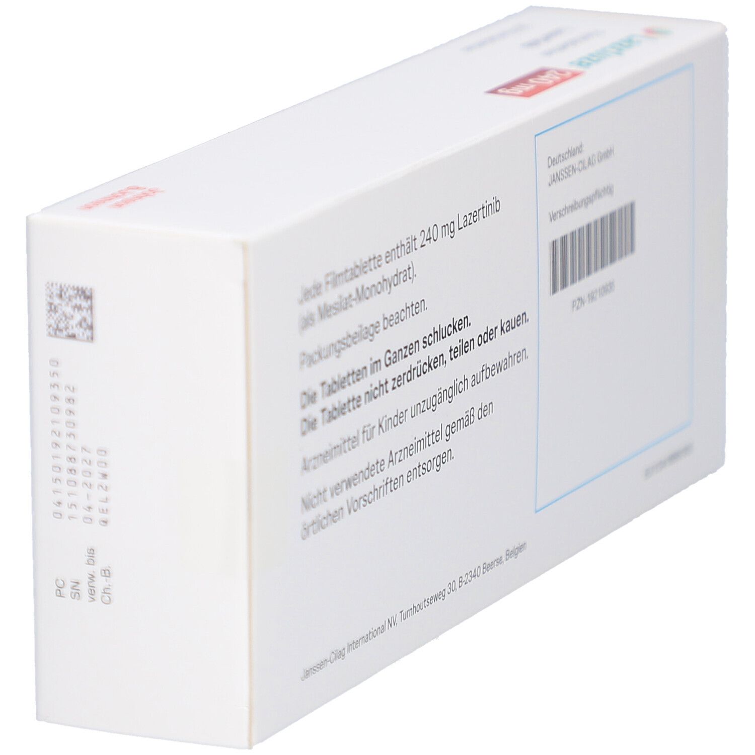 Schachtelrückseite mit Text und Barcode. Informationen zu Lazcluze 240 mg Filmtabletten.
