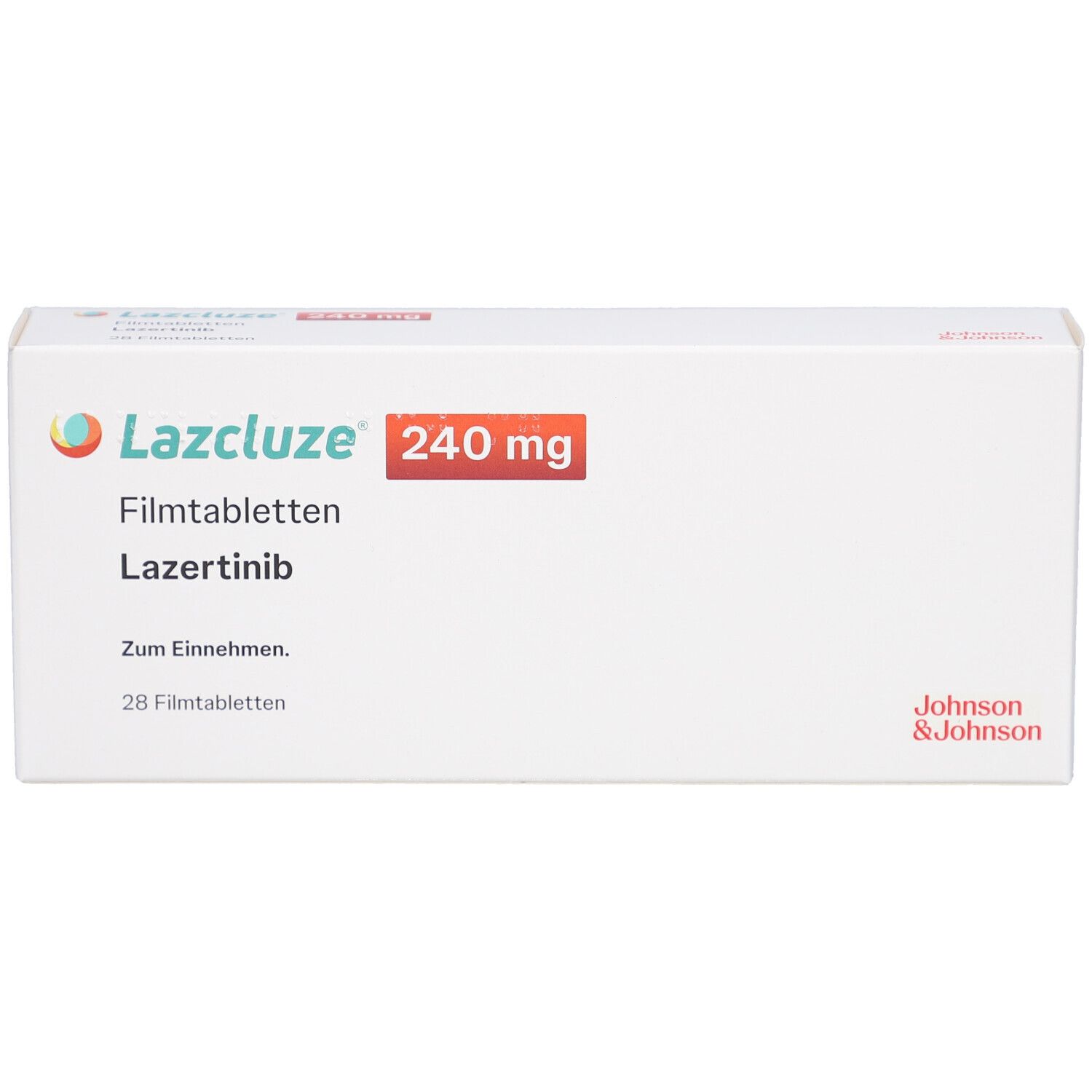 Weiße Schachtel mit Lazcluze 240 mg Filmtabletten, Lazertinib. Aufschrift 28 Filmtabletten. Johnson & Johnson Logo.