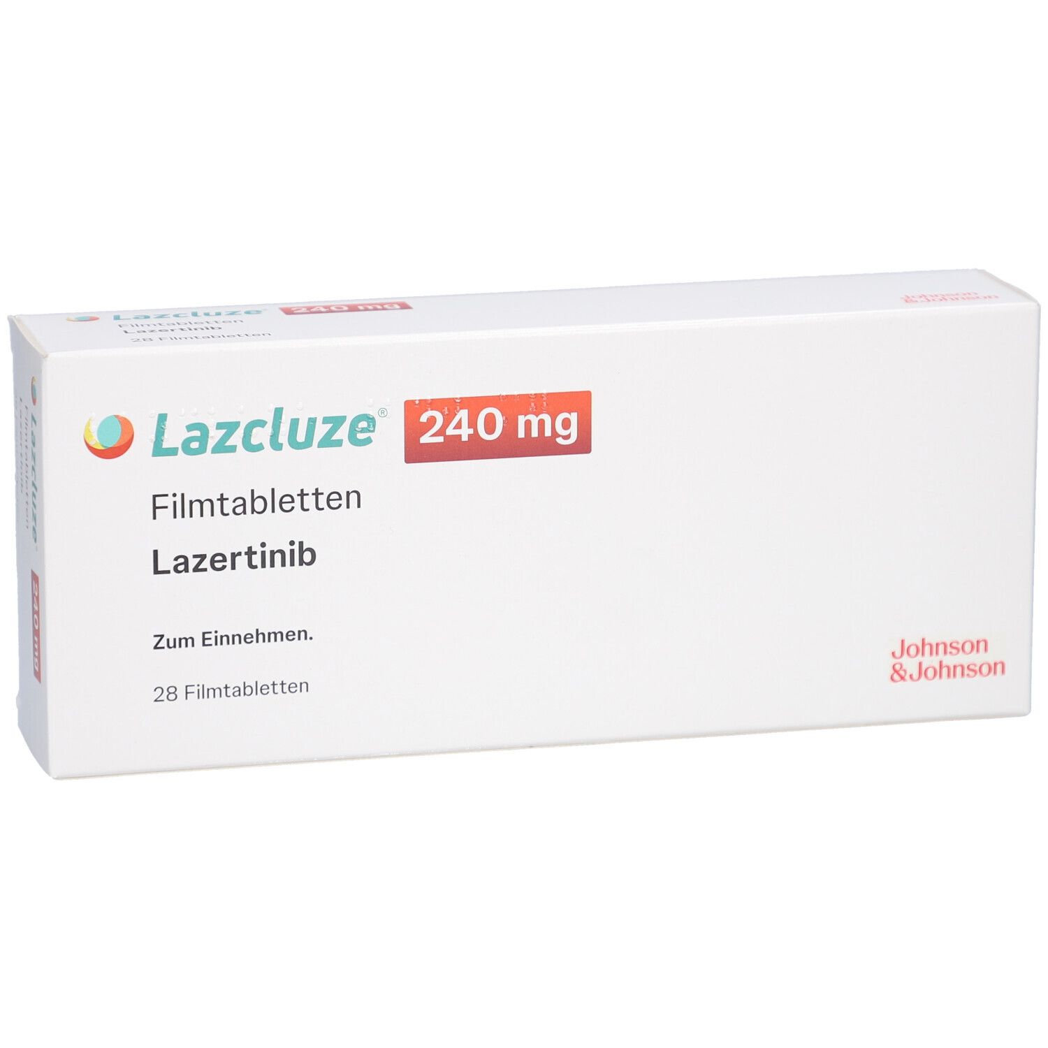 Weiße Schachtel mit Lazcluze 240 mg Filmtabletten, Lazertinib. Aufschrift 28 Filmtabletten. Johnson & Johnson Logo.