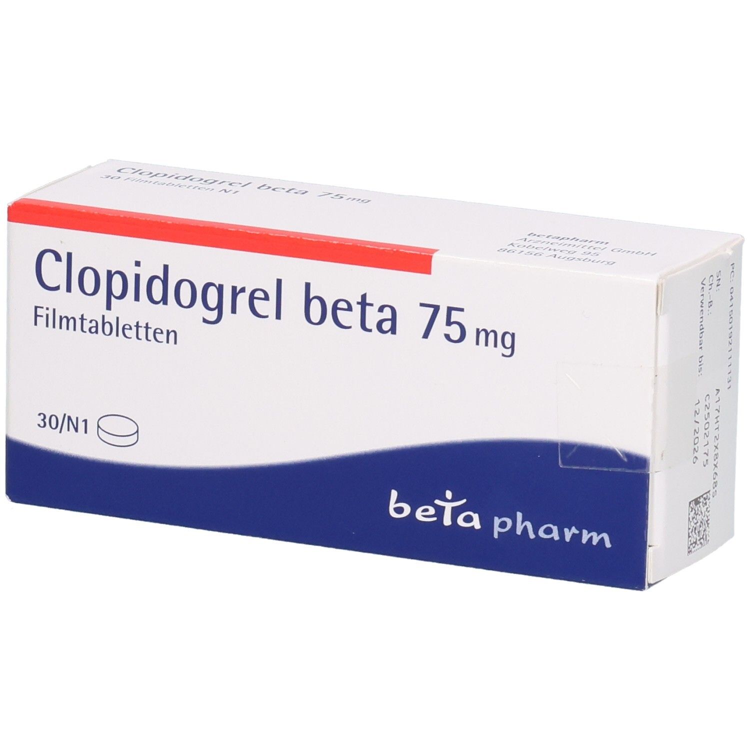 Clopidogrel beta 75 mg Filmtabletten Verpackung, 30 Stück.