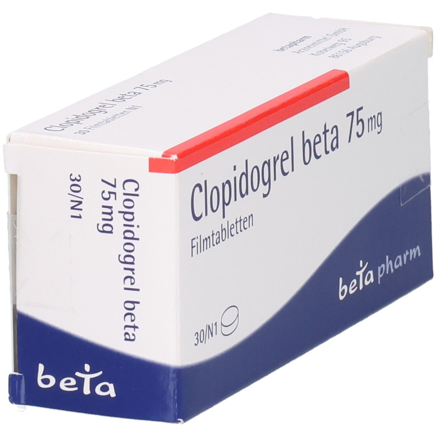 Clopidogrel beta 75 mg Filmtabletten Verpackung, Seite mit Produktinformationen.
