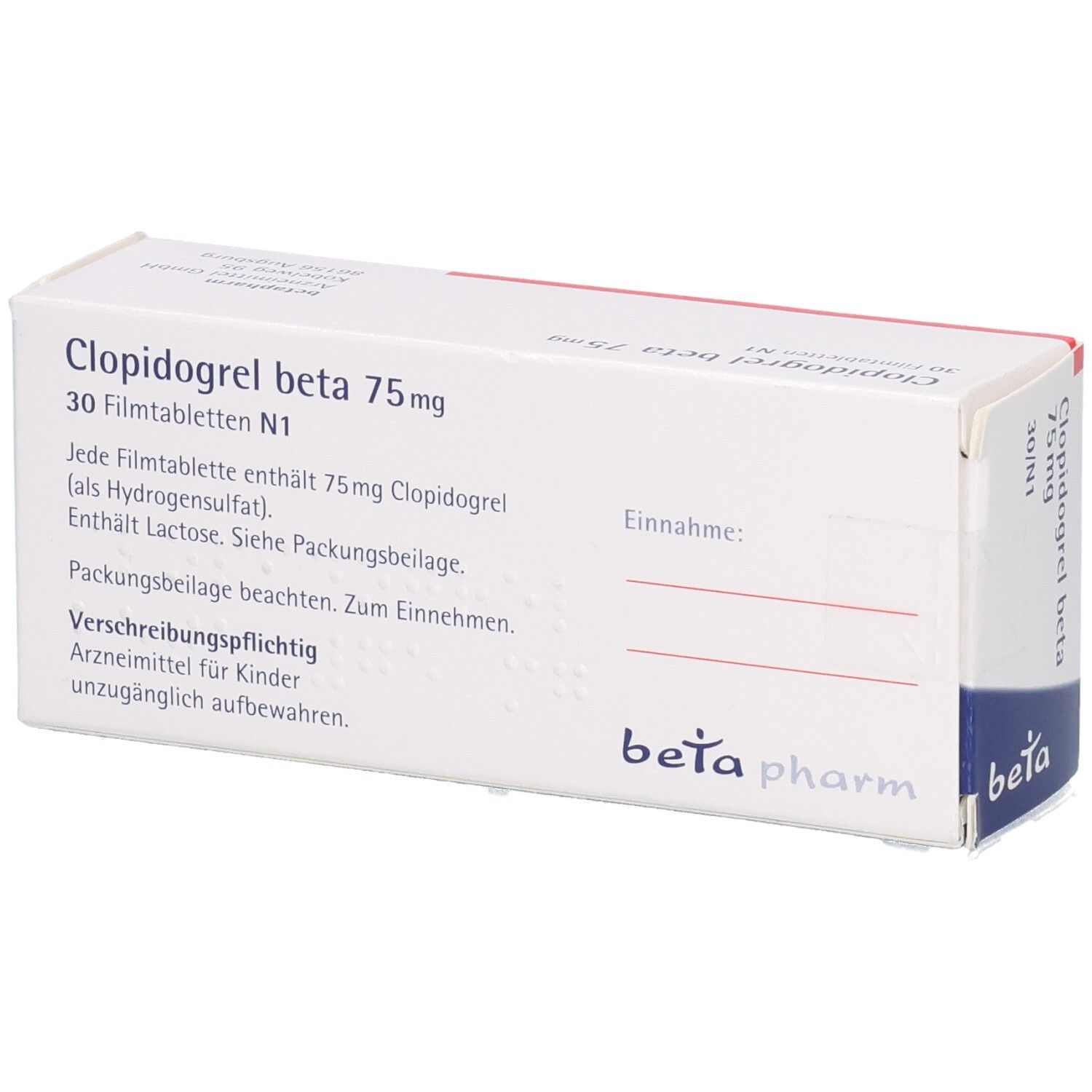 Clopidogrel beta 75 mg Filmtabletten Verpackung, Vorderseite mit detaillierten Angaben.