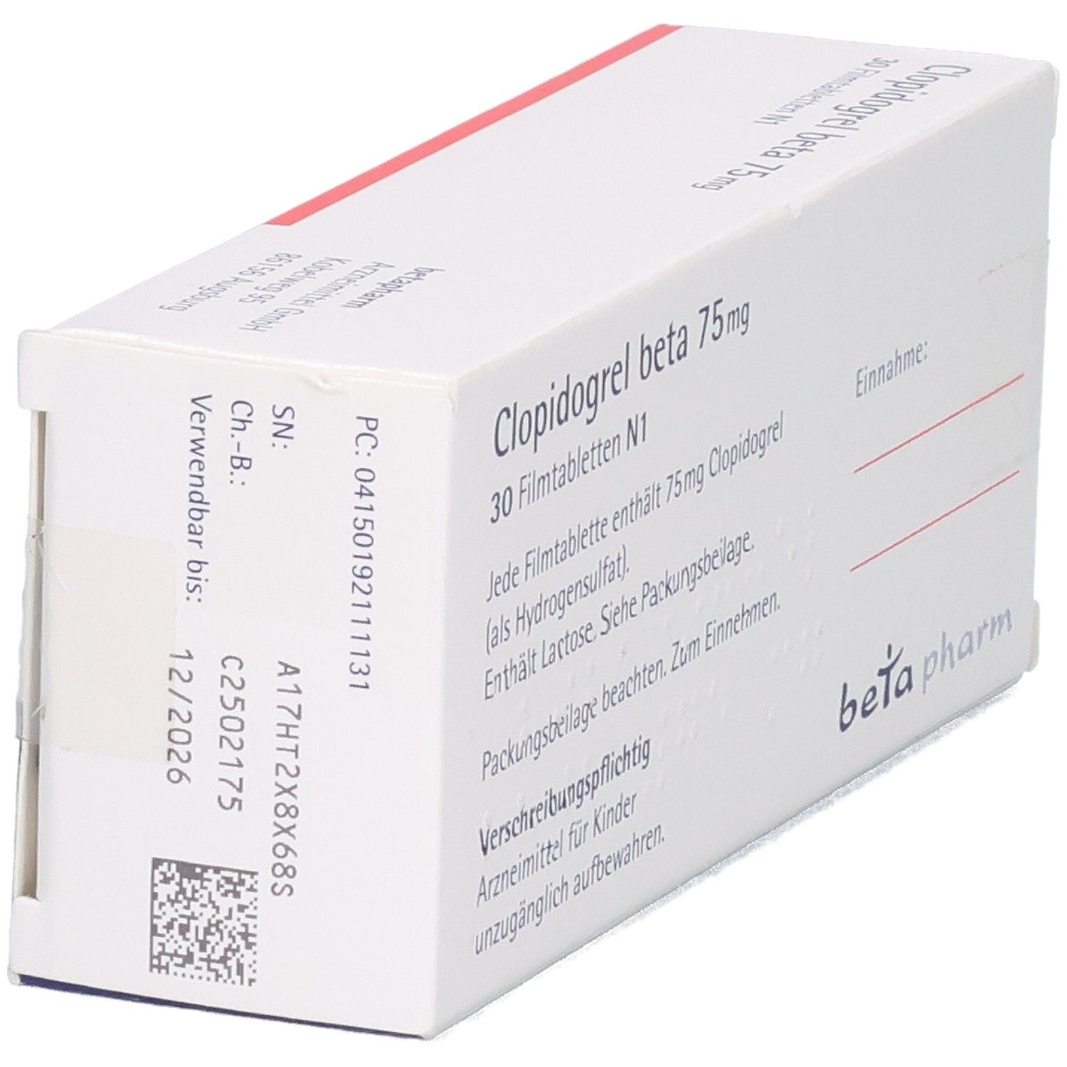 Clopidogrel beta 75 mg Filmtabletten Verpackung, Seite mit Chargennummer und Verfallsdatum.