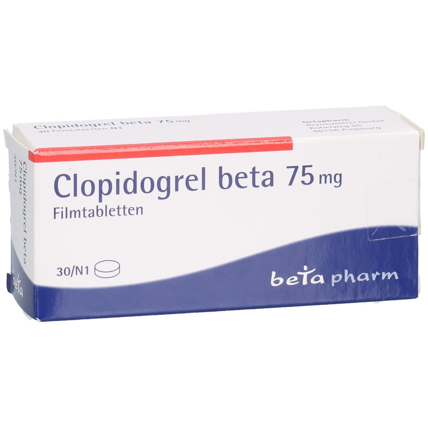 Clopidogrel beta 75 mg Filmtabletten Verpackung, leicht schräg von vorne.