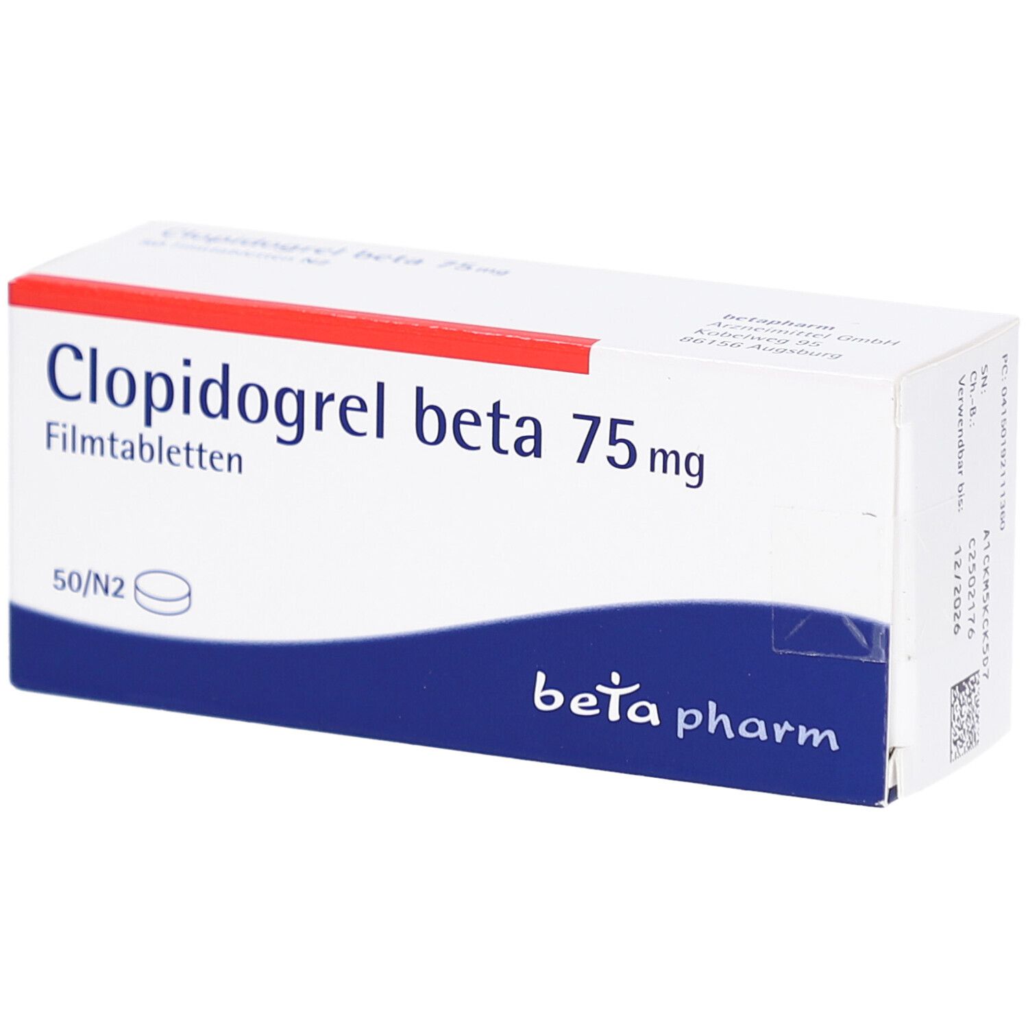 Schachtel mit Aufschrift Clopidogrel beta 75 mg Filmtabletten. Blaue und rote Akzente. Marke beta pharm.