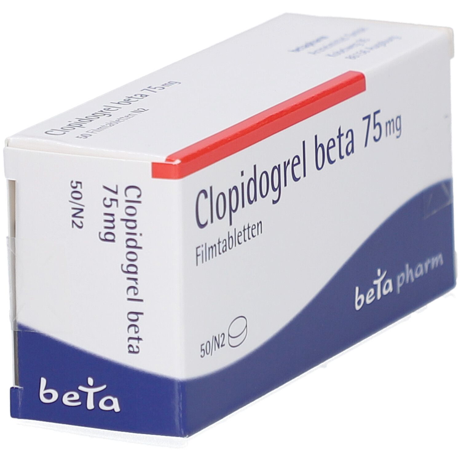 Schachtel Clopidogrel beta 75 mg Filmtabletten. Blaue und rote Akzente. Marke beta pharm. Seitenansicht.