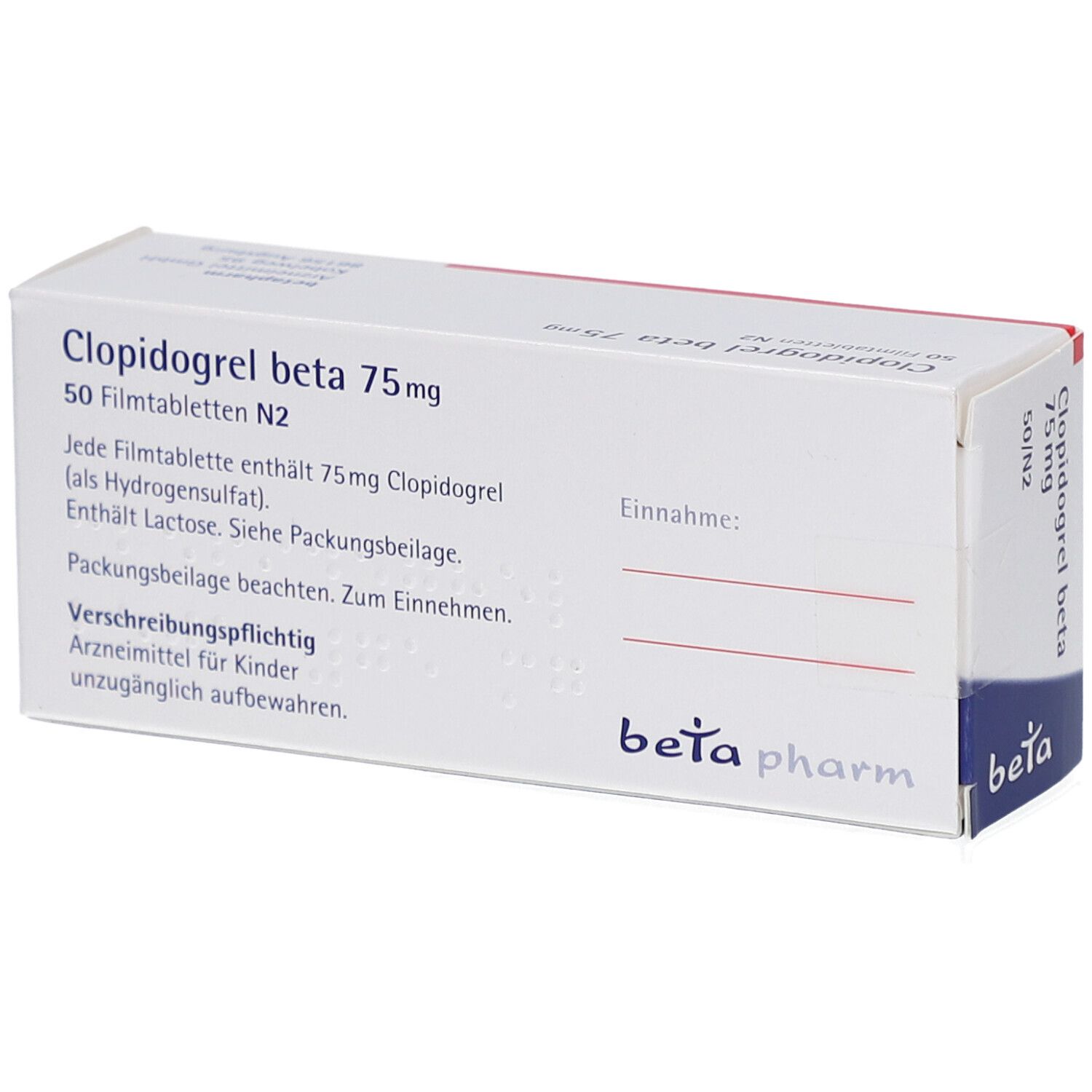 Schachtel Clopidogrel beta 75 mg Filmtabletten. Textinformationen auf der Verpackung. Marke beta pharm.