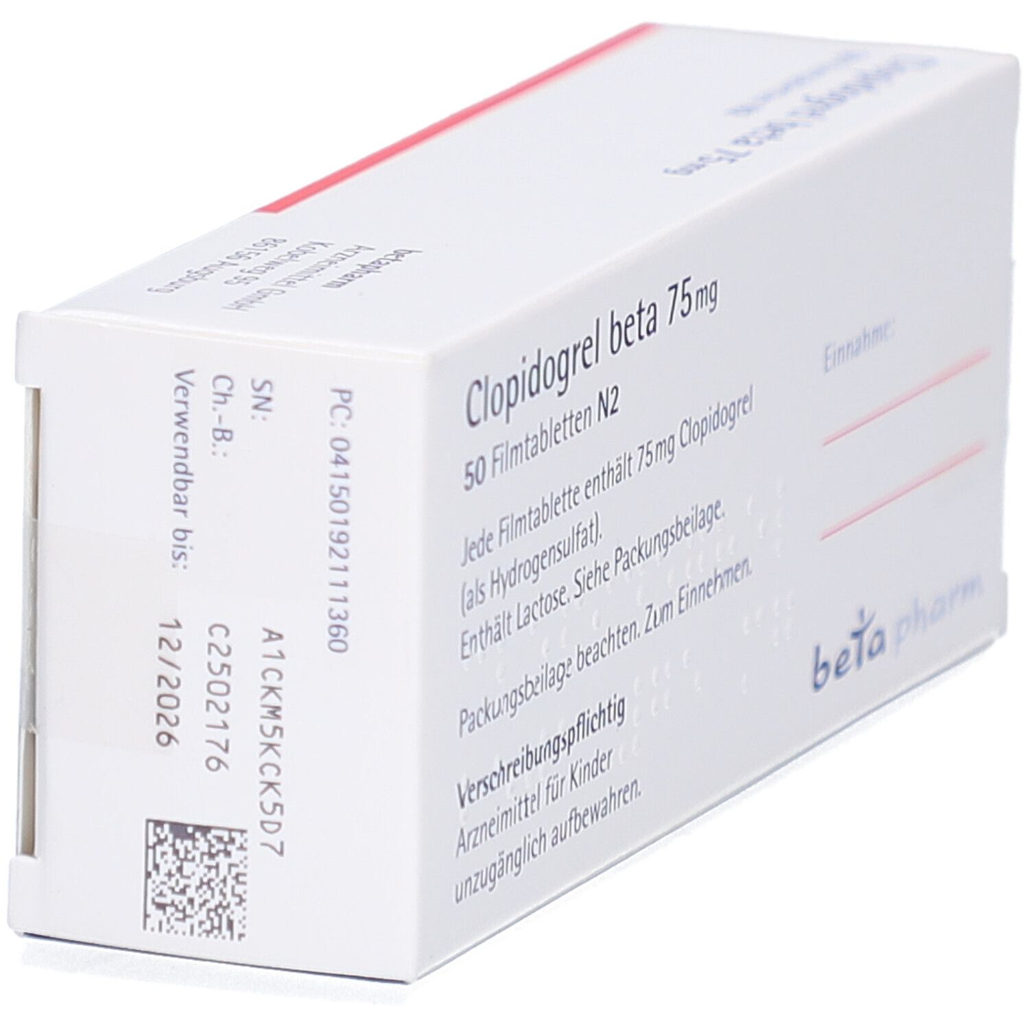 Schachtel Clopidogrel beta 75 mg Filmtabletten. Textinformationen und Chargennummer. Marke beta pharm.