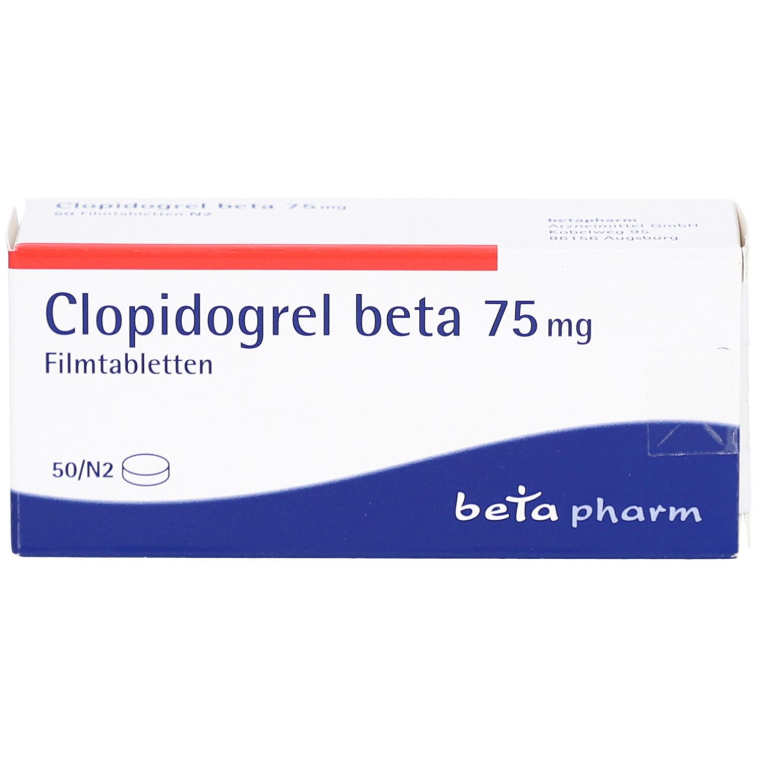 Schachtel Clopidogrel beta 75 mg Filmtabletten. Blaue und rote Akzente. Marke beta pharm. Draufsicht.
