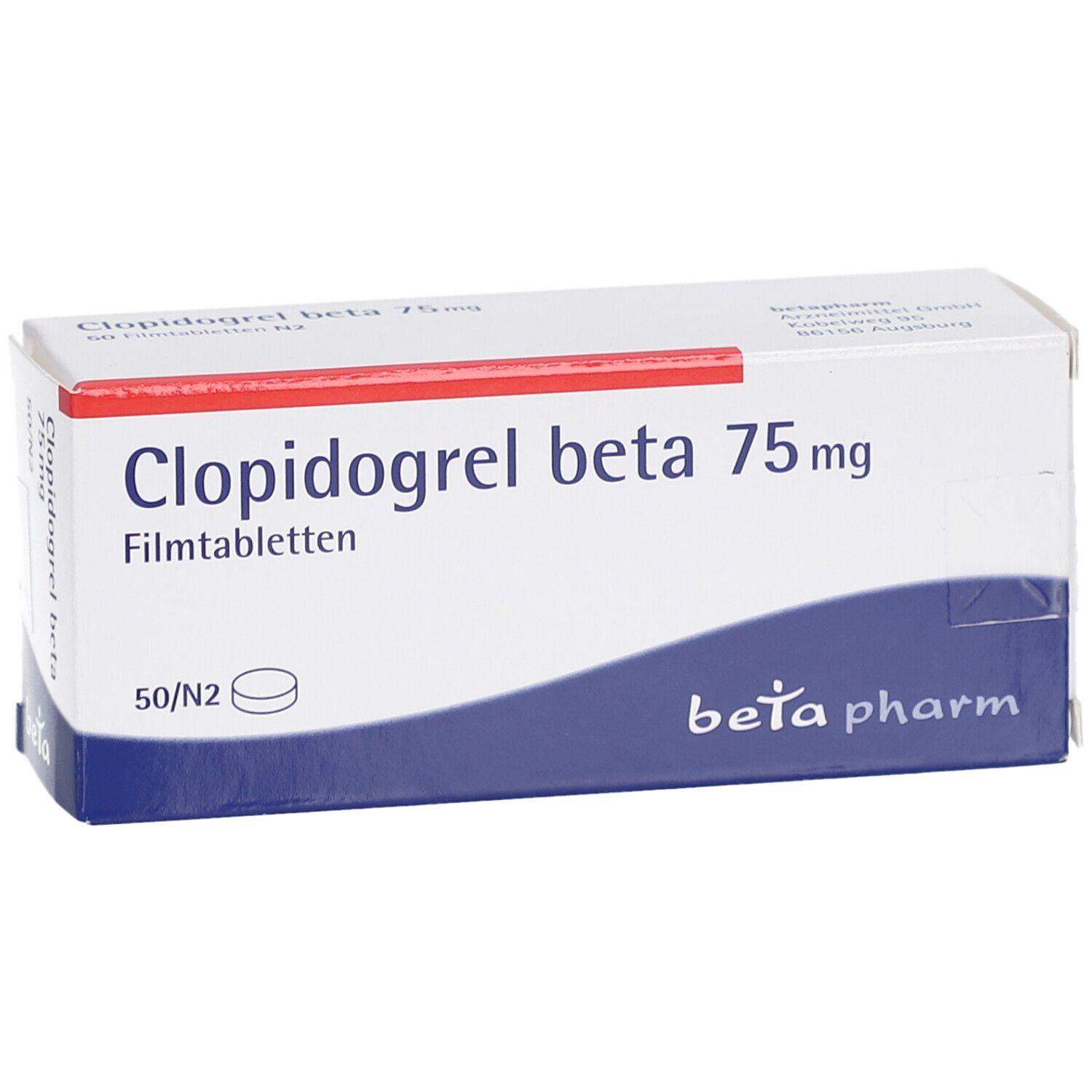 Schachtel Clopidogrel beta 75 mg Filmtabletten. Blaue und rote Akzente. Marke beta pharm. Frontansicht.