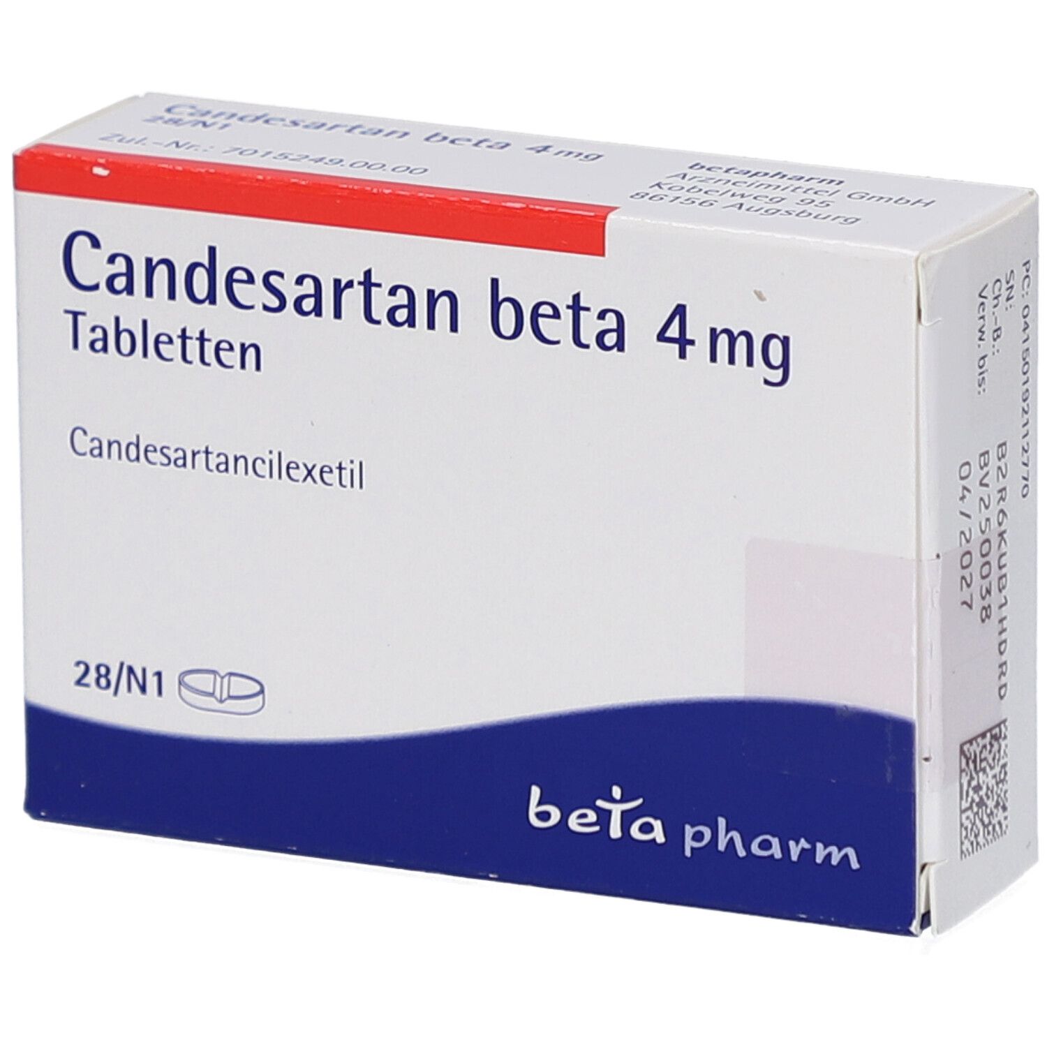 Schachtel mit CANDESARTAN beta 4 mg Tabletten. Aufschrift: beta pharm. 28 Tabletten. Packungsbeilage beachten.