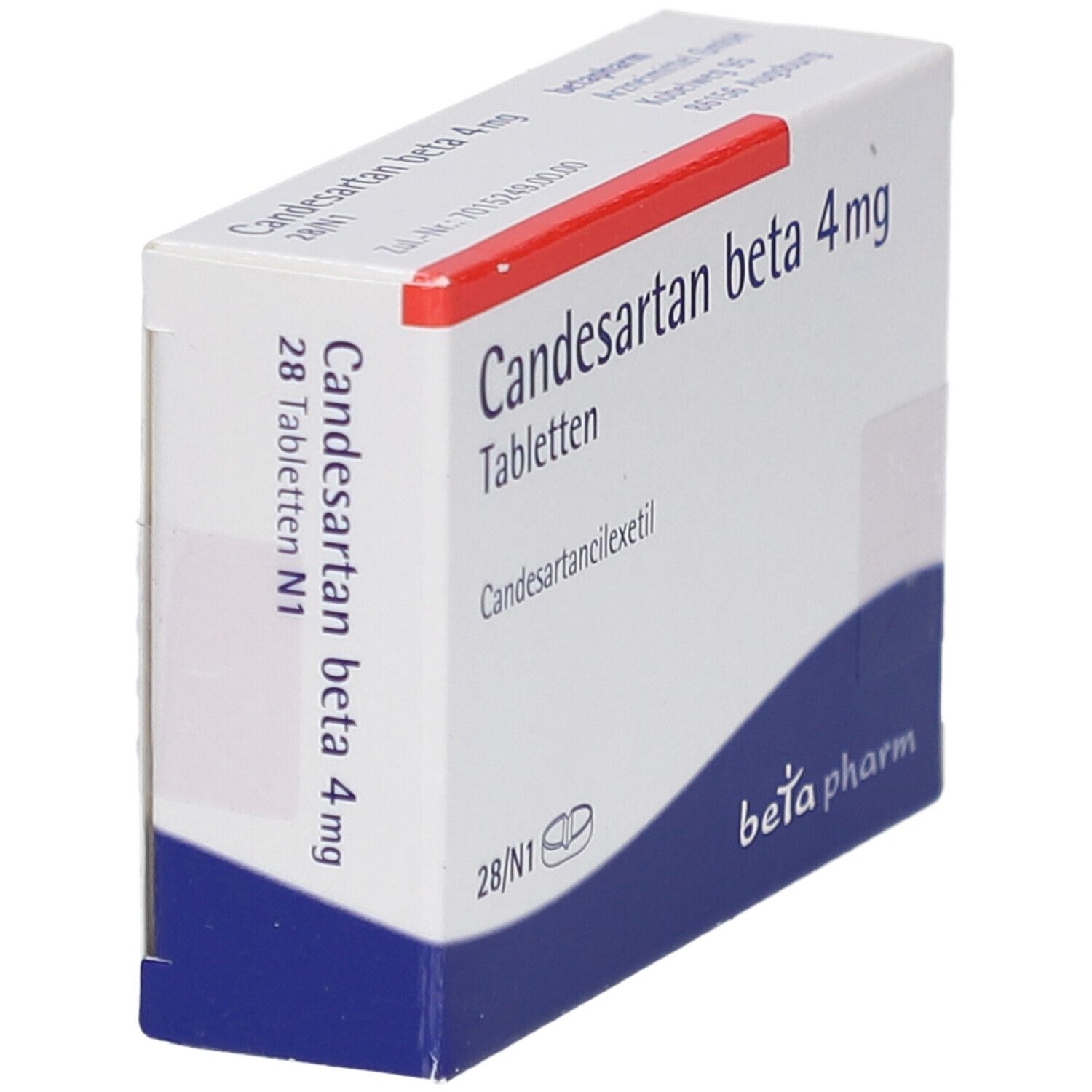 Schachtel CANDESARTAN beta 4 mg Tabletten, 28 Stück. Aufschrift: beta pharm. Rote Linie oben. Ansicht schräg.