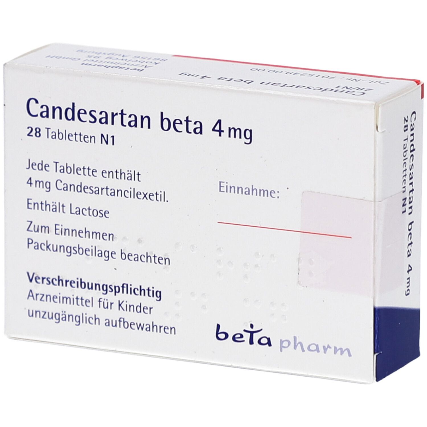 Schachtel CANDESARTAN beta 4 mg Tabletten. Aufschrift: beta pharm. 28 Tabletten. Enthält Lactose. Verschreibungspflichtig.
