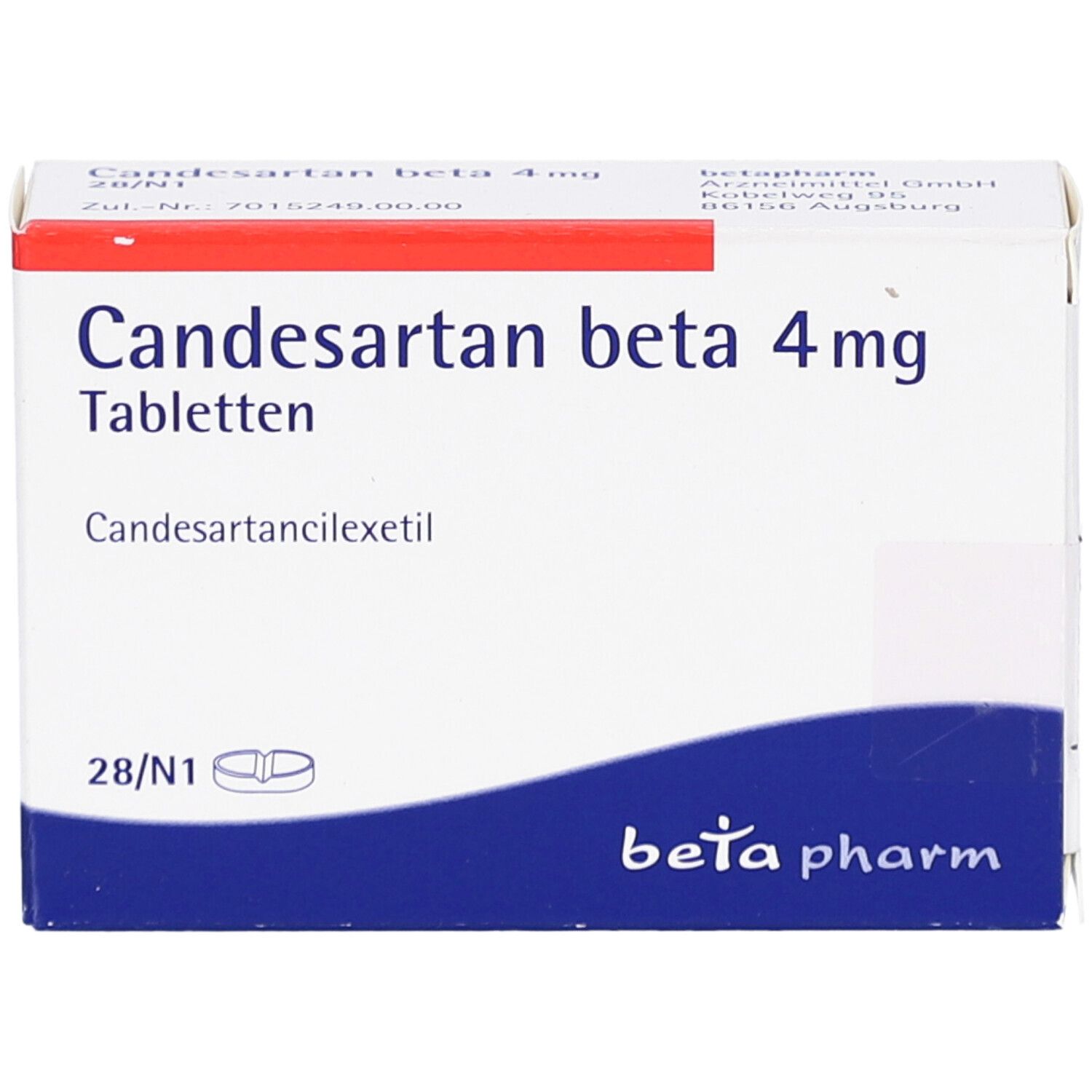 Schachtel CANDESARTAN beta 4 mg Tabletten. Aufschrift: beta pharm. 28 Tabletten. Blaue und weiße Farbgebung.