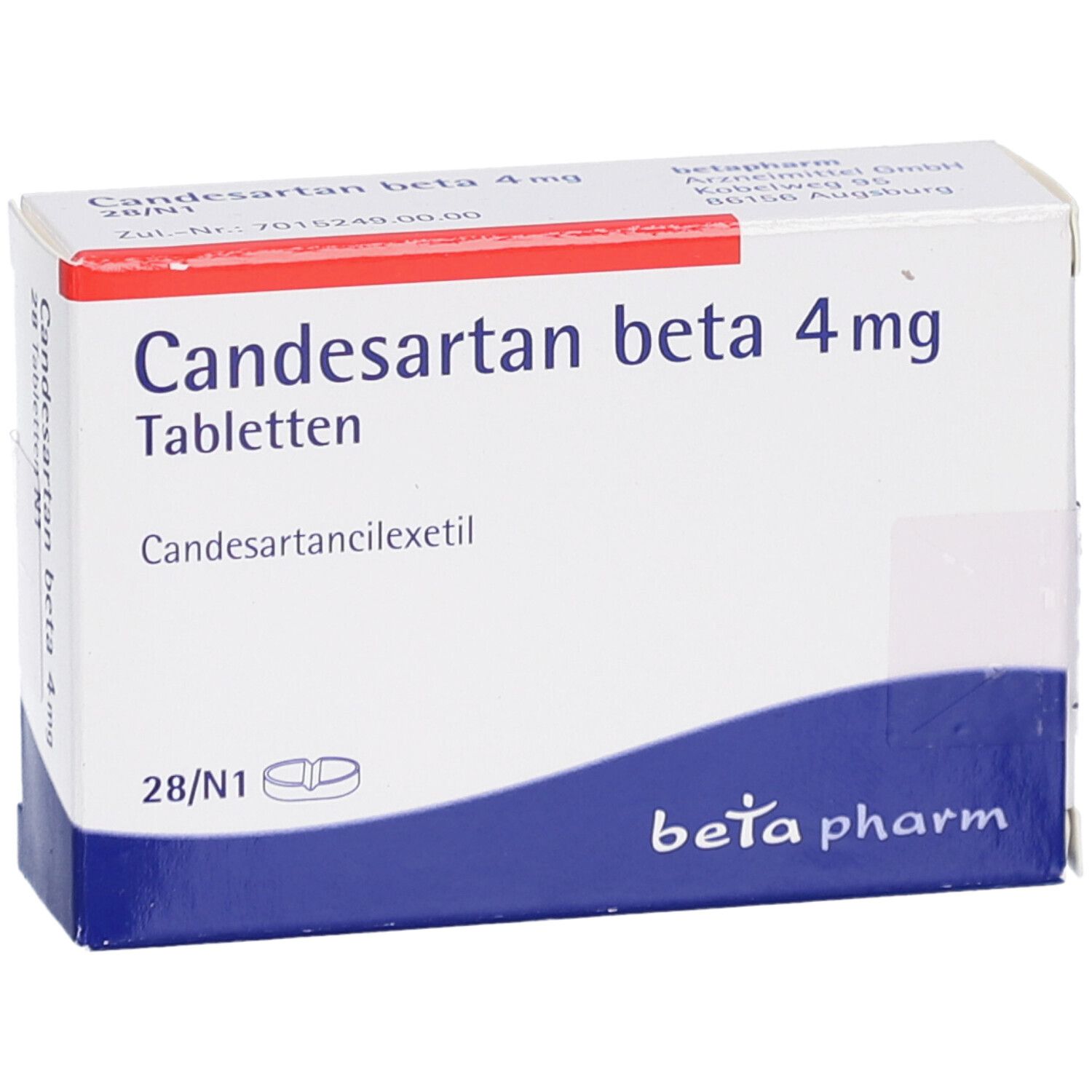 Schachtel CANDESARTAN beta 4 mg Tabletten. Aufschrift: beta pharm. 28 Tabletten. Rote Linie oben.