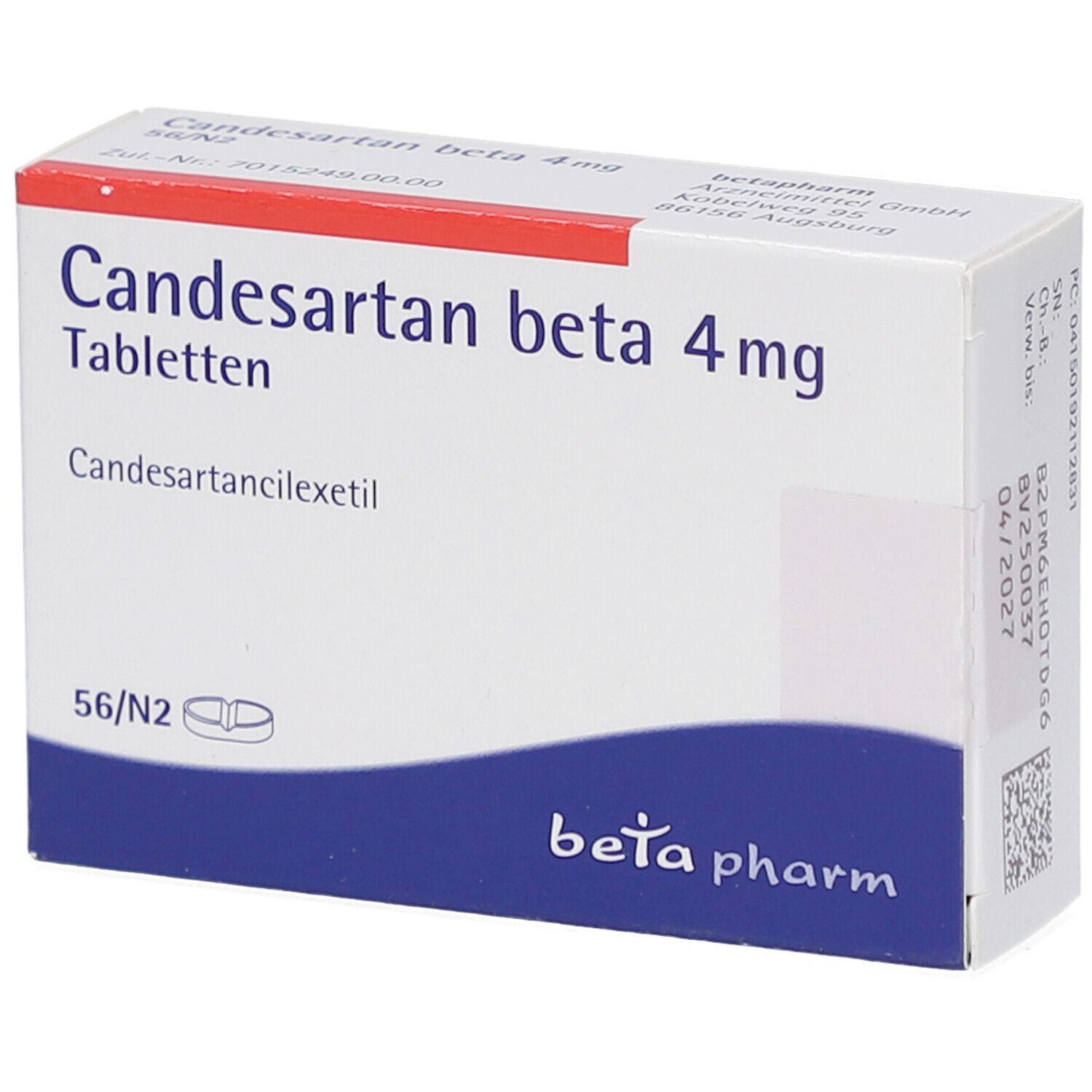 Schachtel mit CANDESARTAN beta 4 mg Tabletten. Aufschrift: 56/N2 Tabletten. Logo: beta pharm.