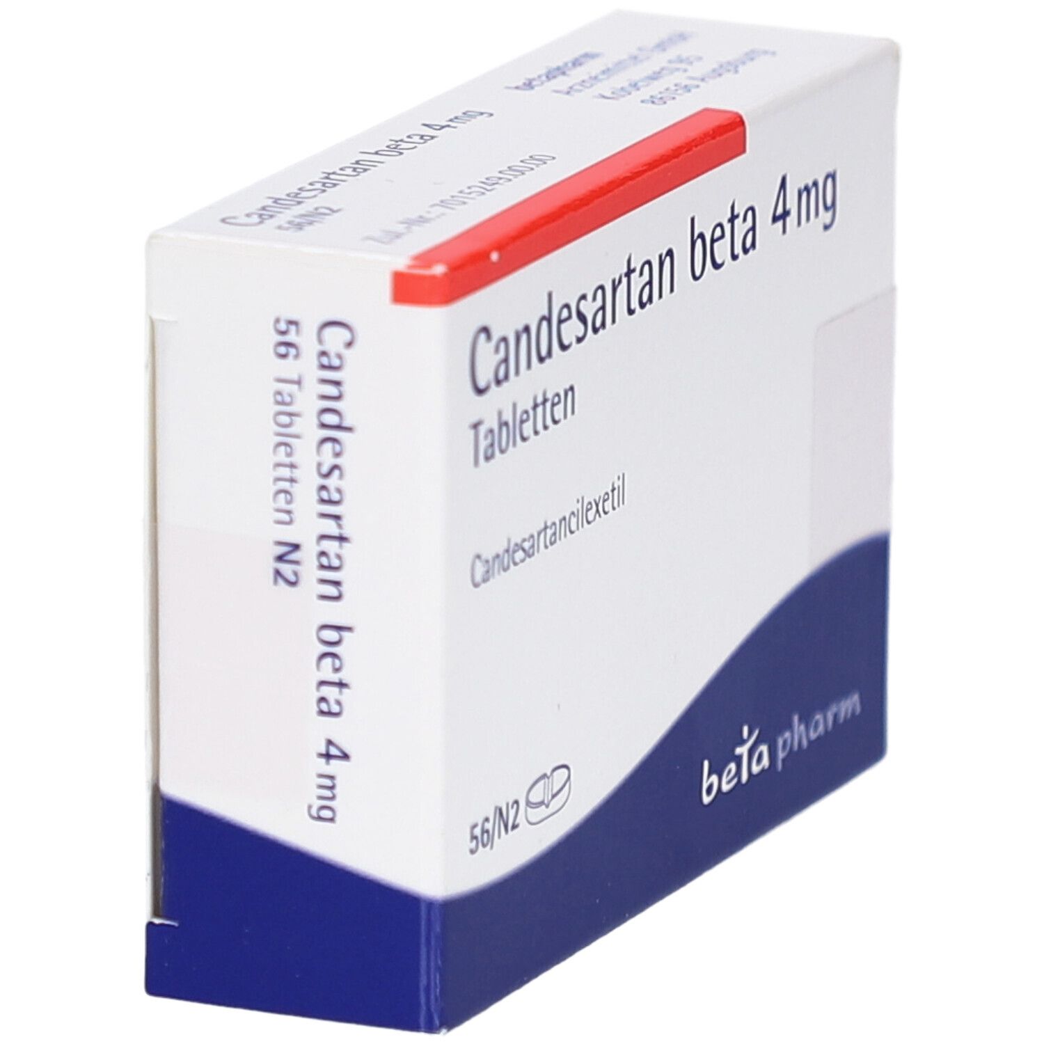 Schachtel CANDESARTAN beta 4 mg Tabletten. Aufschrift: 56 Tabletten N2. Logo: beta pharm.