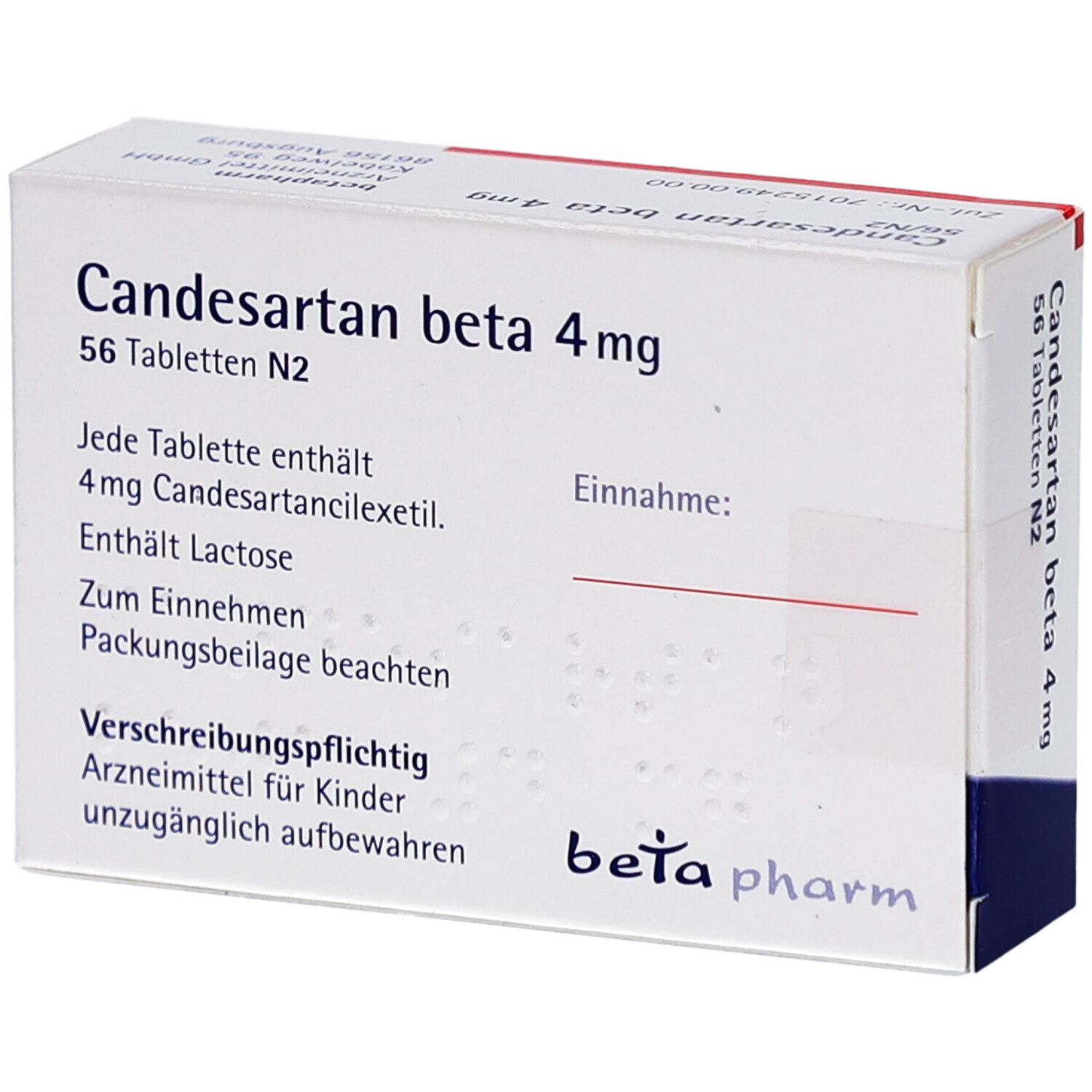Schachtel CANDESARTAN beta 4 mg Tabletten. Text: 56 Tabletten N2. Enthält Lactose. Logo: beta pharm.