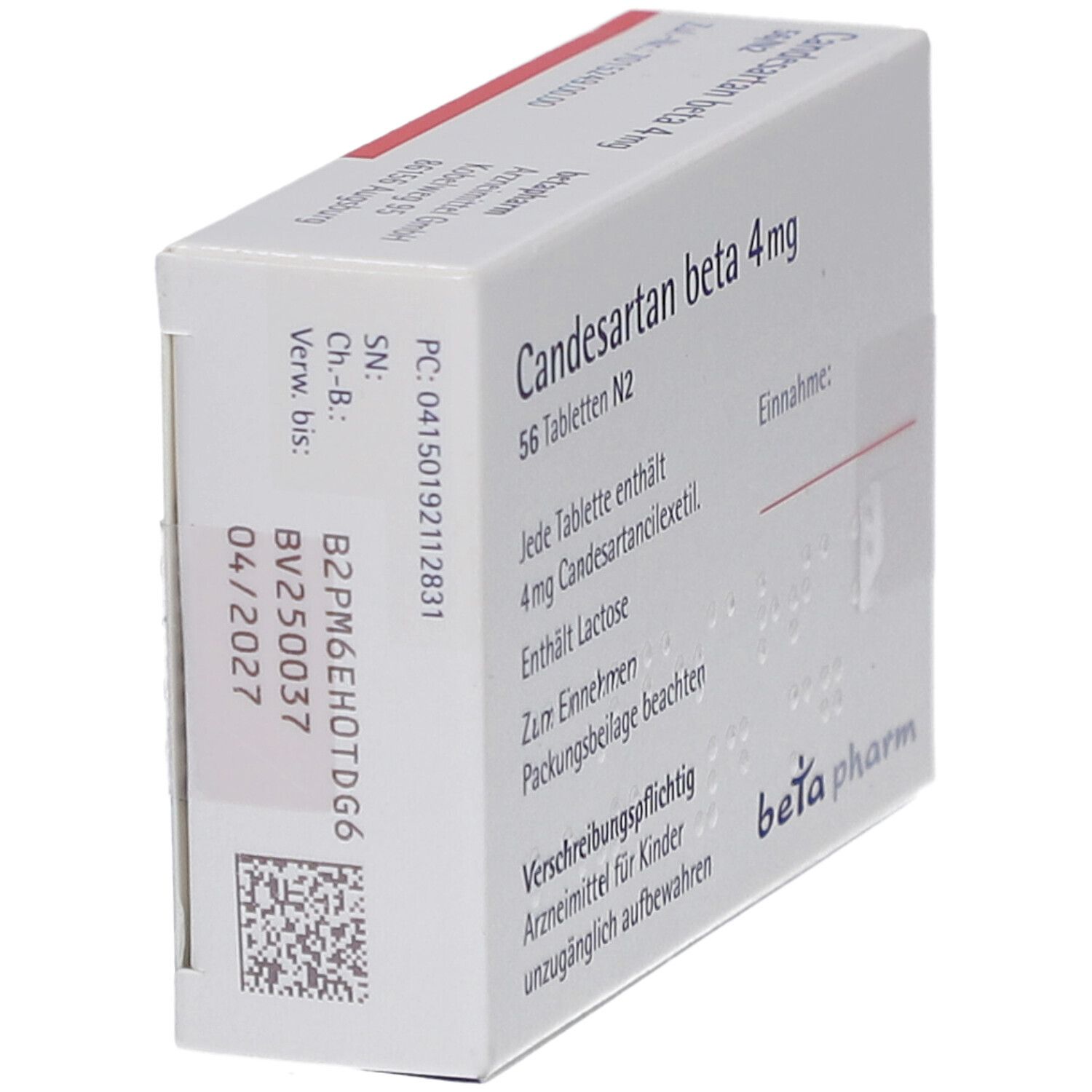 Schachtel CANDESARTAN beta 4 mg Tabletten. Text: 56 Tabletten N2. Enthält Lactose. Logo: beta pharm.