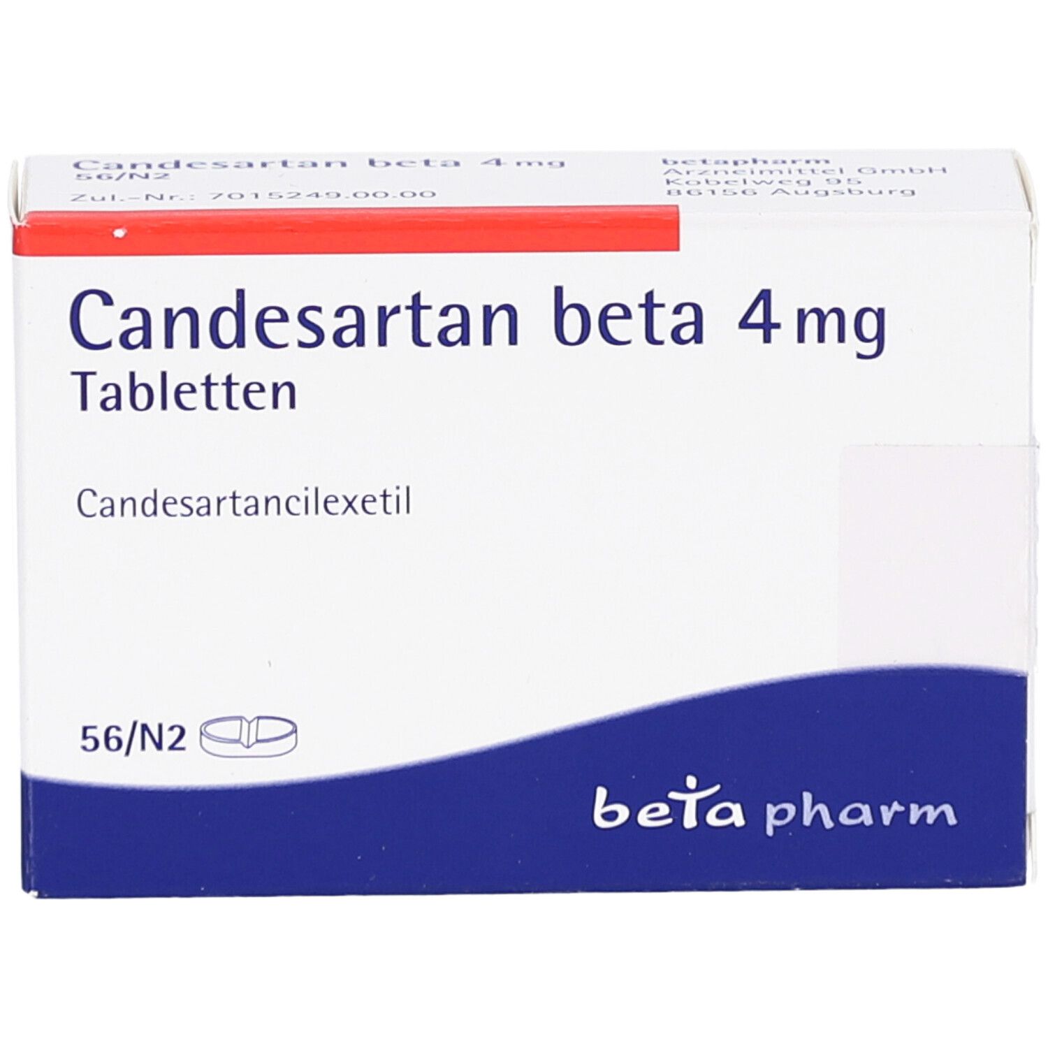 Schachtel CANDESARTAN beta 4 mg Tabletten. Aufschrift: 56/N2 Tabletten. Logo: beta pharm.